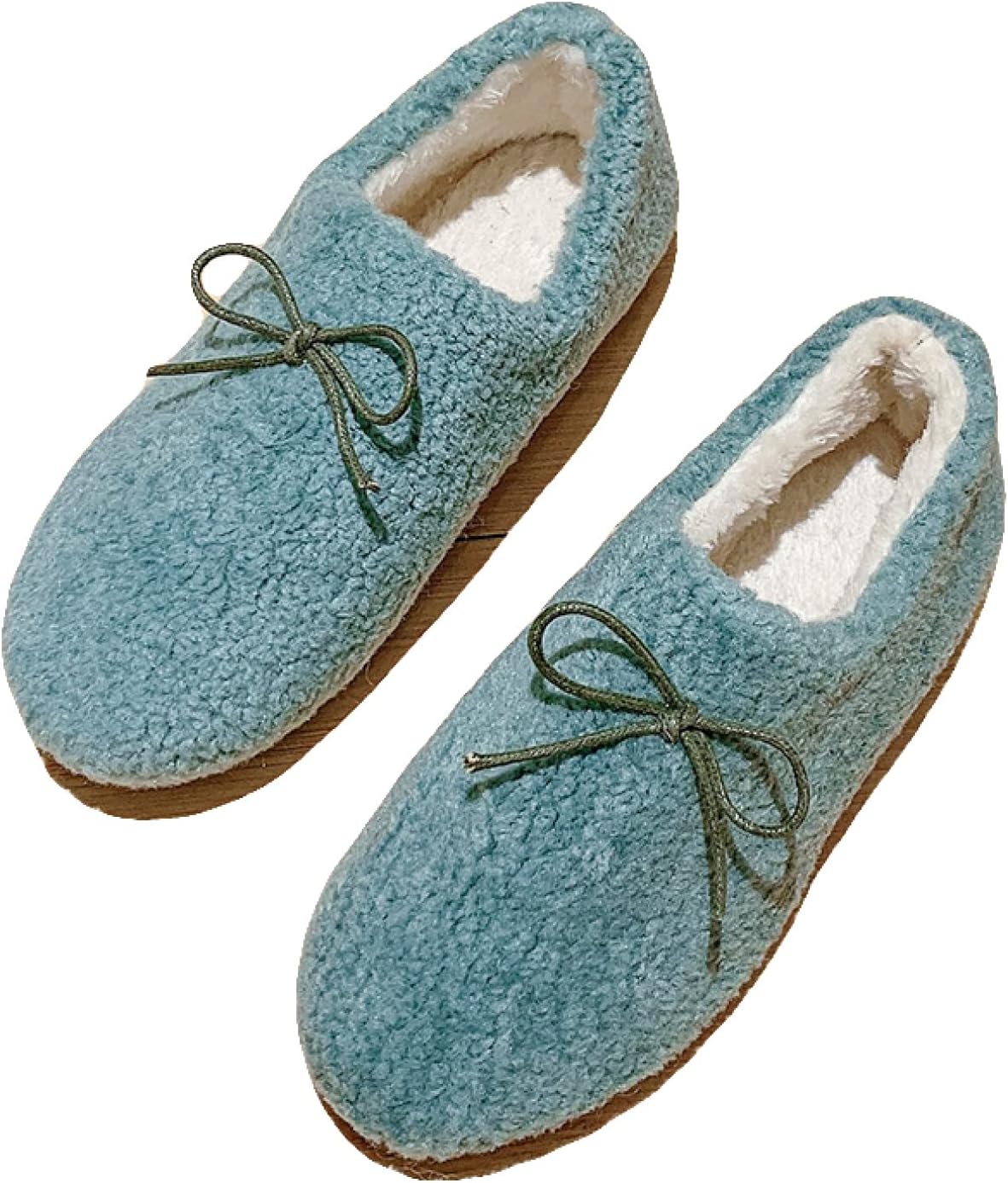 [PANLON] たっぷり ふかふか ファー 大人可愛い アクセント ファー 蝶結び 婦人靴 リボン モカシン ブルー レディース