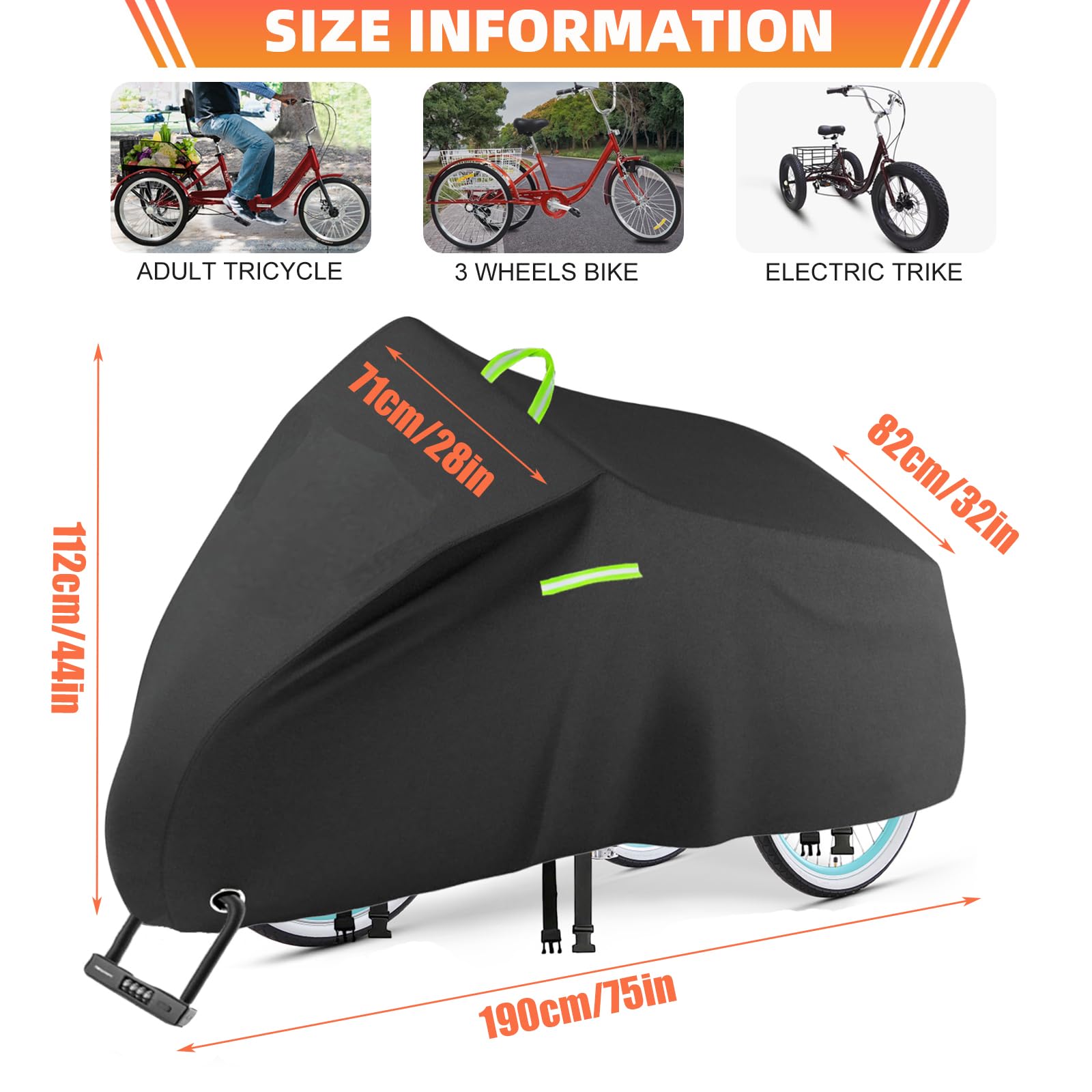 Housse de protection pour tricycle adulte 420D étanche pour tricycle adulte 191 x 77 x 112 cm - Housse universelle durable avec trou de serrure, boucle, bandes réfléchissantes