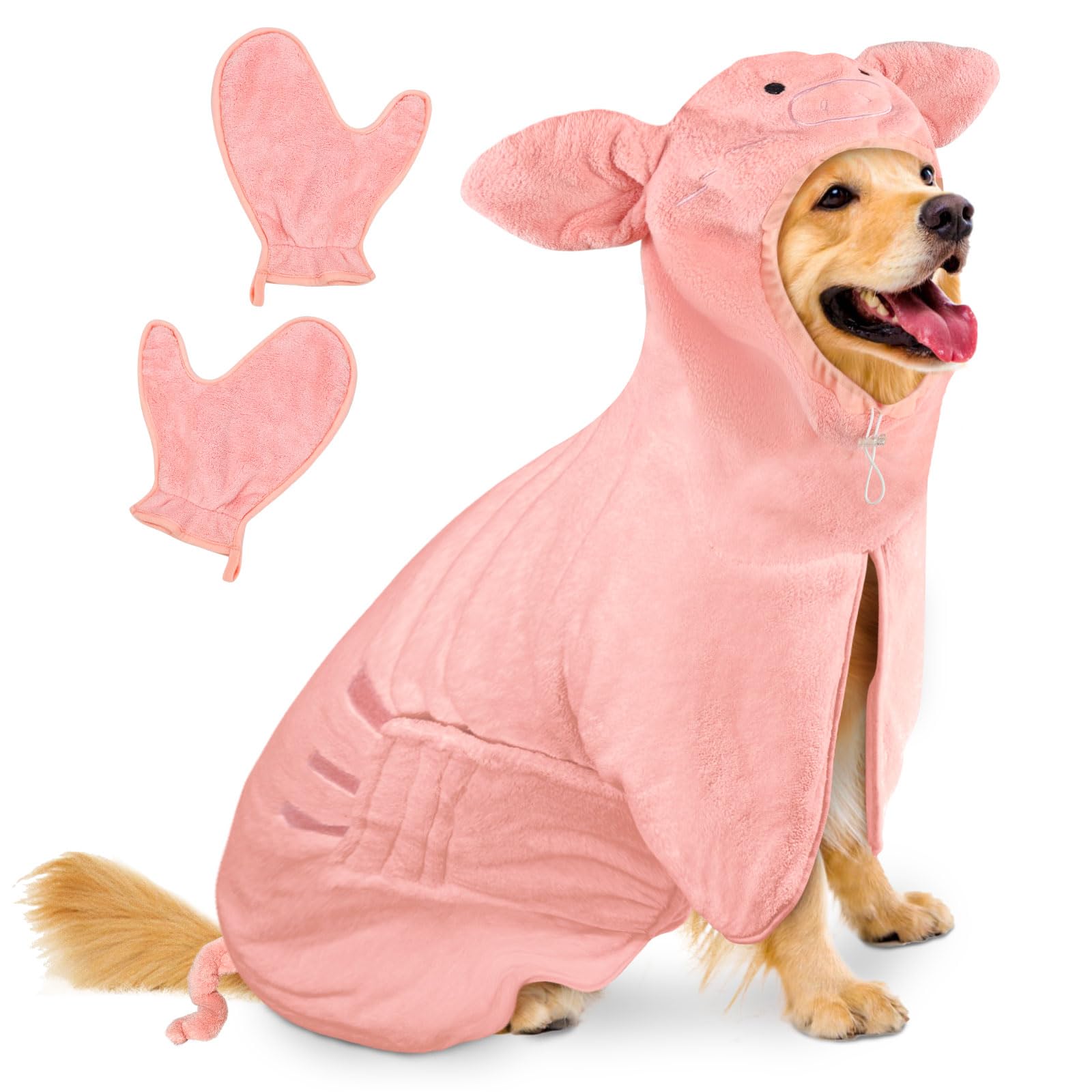 Bibykivn Hundebademantel Schnell Trocknend Badetuch aus Mikrofaser, Einstellbar Hundehandtuch mit Klettverschluss, Saugfähiger Hunde Bademantel mit Hut für Große Hunde (Schweinchen, XL)