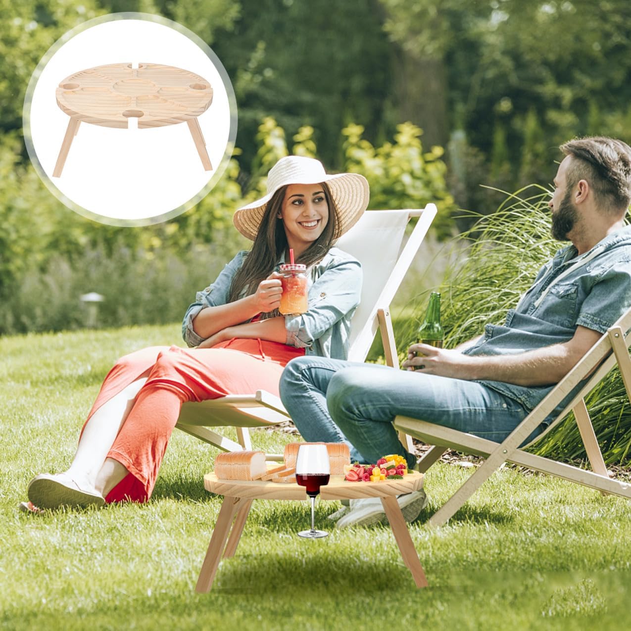 Foldable Wooden Wine Serving Table Portable Round Picnic Table for Outdoor Patio Dining and Beach Camping Use