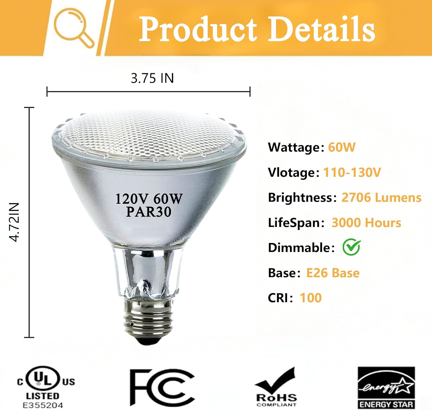 Par30 Long Neck Halogen Flood Light Bulbs 60W 120V 2700K Warm White Dimmable High Brightness, E26 Base, Great for Accent Lighting, Tracking, Recessed Bulb 6pcs