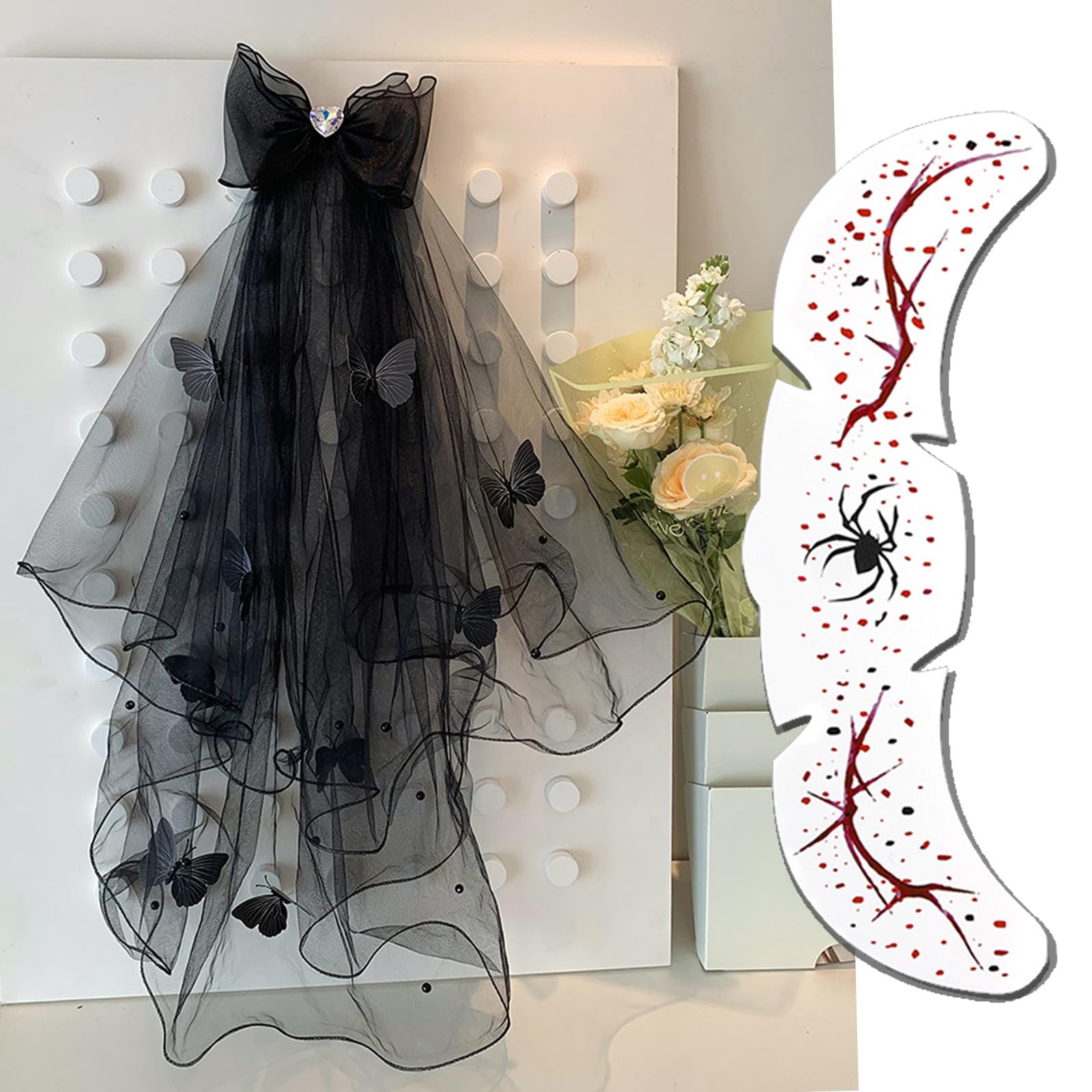 FOSDICK Halloween Day of the Dead Headband Veil, Women Halloween Costume, Black Butterfly Veil With Hairclip - Image 4