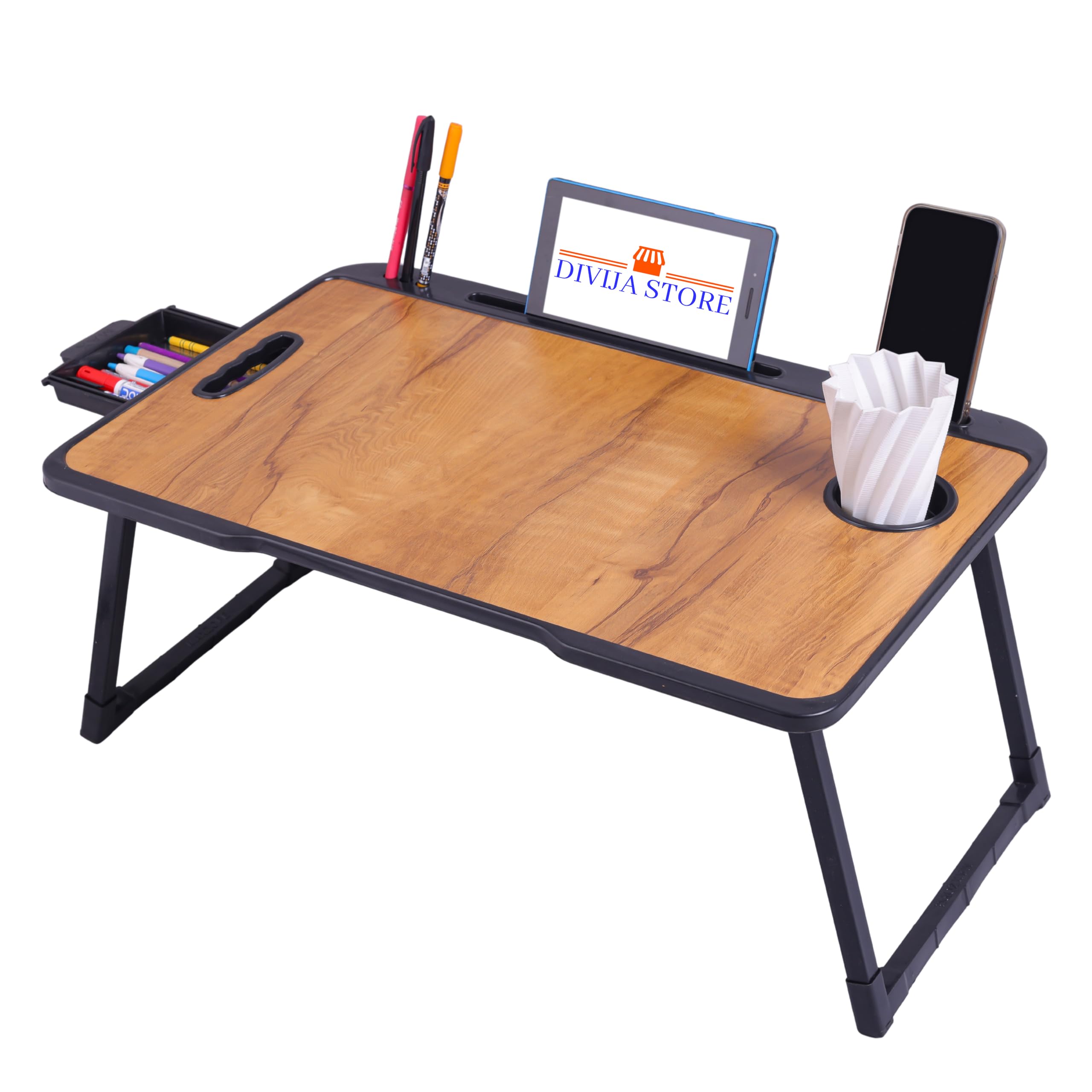 DIVIJA STORE Foldable Wooden Laptop Table | Adjustable Multipurpose Study Table with Drawer, Mobile/Tablet Stand | Portable Writing Desk for Office, Home, School & Work from Home (US COTTED Wood)