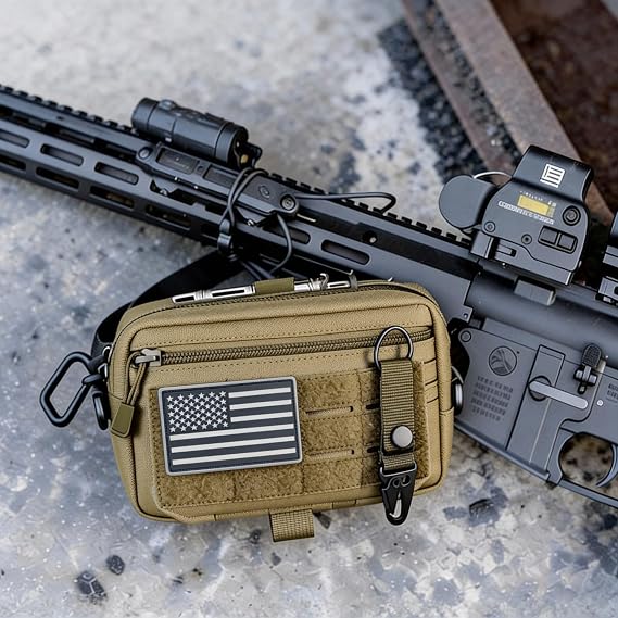 Tactical Molle Pouch,EDC Tool Pouch with Belt and D Ring US Flag Patch Keychain Utility Laser Cut