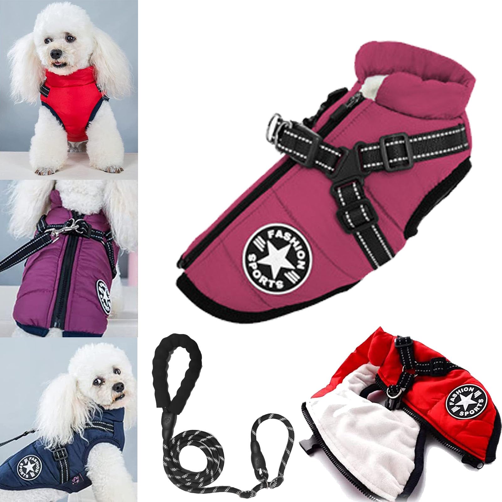 3 in 1 Winter Jacket for Dogs, Waterproof Windproof Dog Snow Jacket with Harness and Zipper, Pet Outdoor Jacket for Small Medium Large Dogs/Cats (