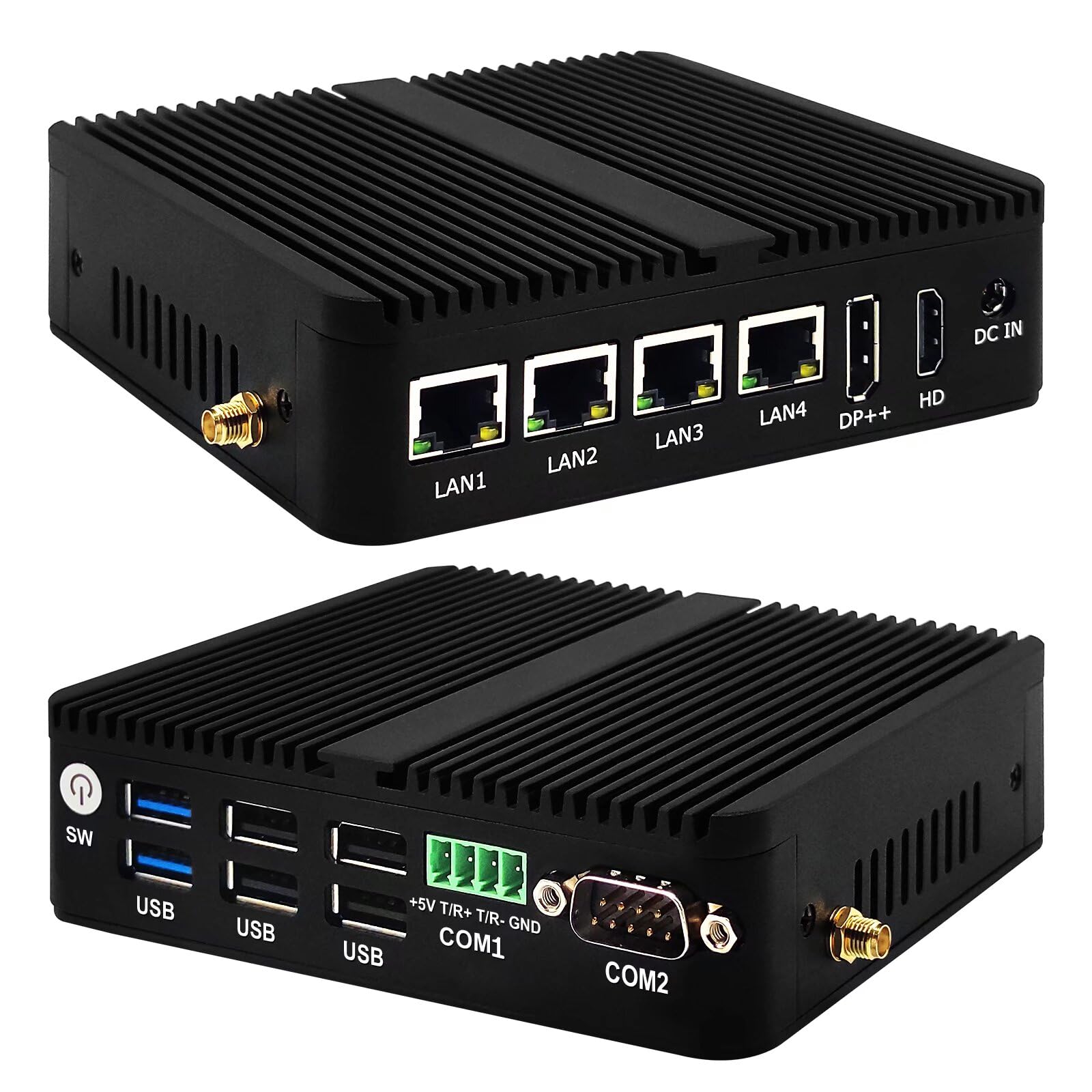 Firewall Mini PC N100 4 Lan, DDR4 4GB RAM 64GB SSD, Fanless Computer Micro Router Appliance Support Windows OPNsense, HD, DP, 6USB Port, 2COM, WiFi, BT4.2