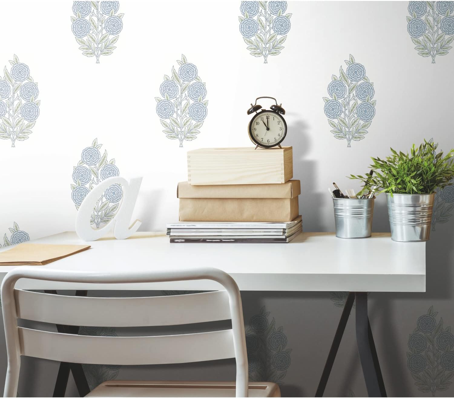 Blue Floral Self-Adhesive Repositionable Vinyl Wallpaper Roll