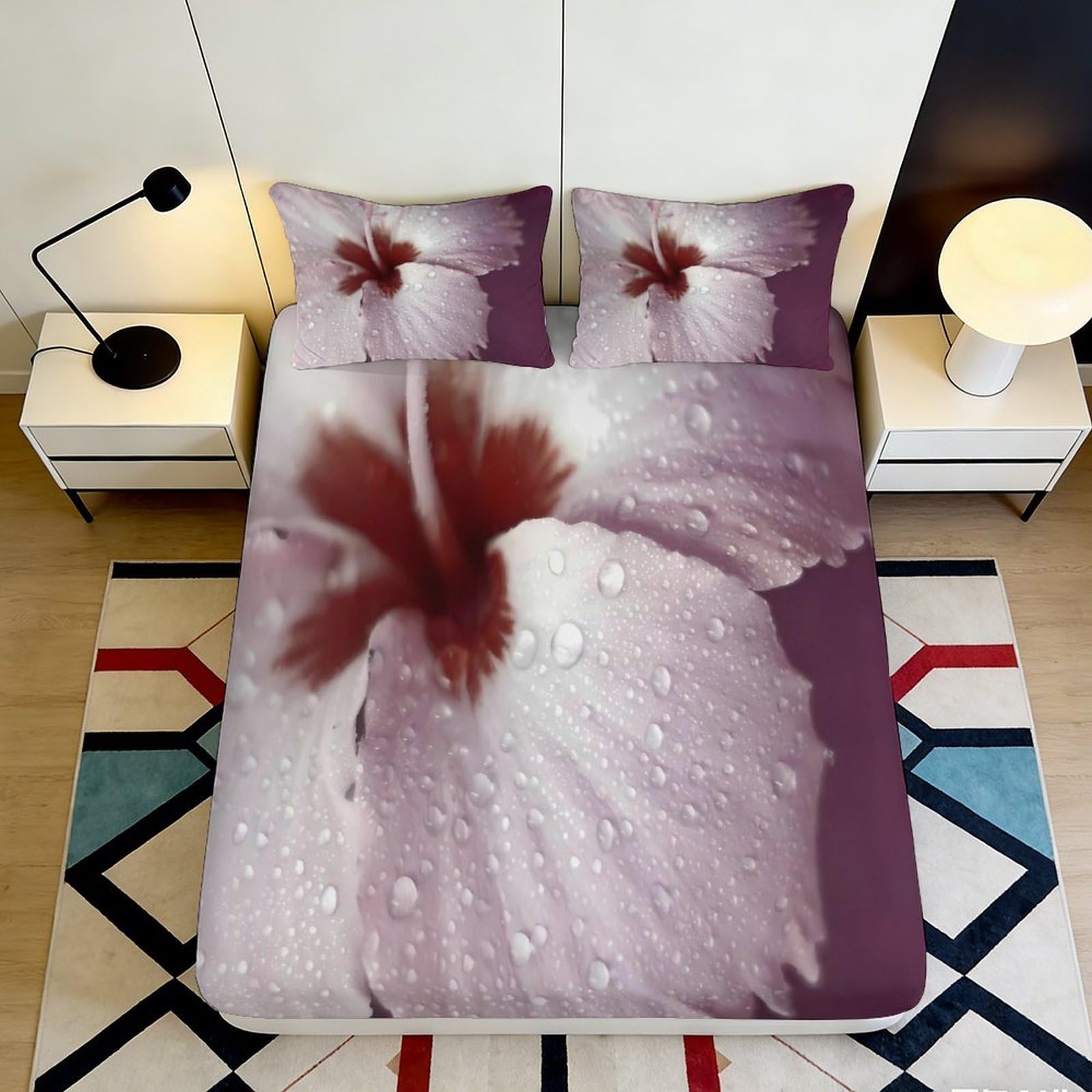 3D Printed Hibiscus Flower Fitted Sheet Microfiber Soft Decor Orchid Mattress Cover for Bedroom Guest Room Protection Washable 90x200x25cm