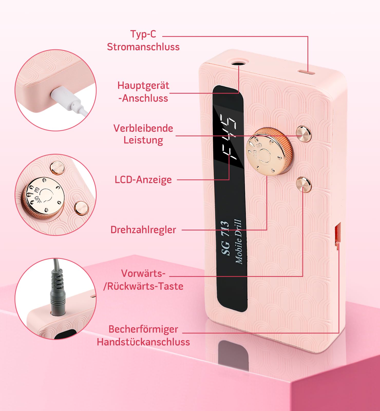 Ziweo Nagelfräser, Elektrische Nagelfeile 45000U/Min mit LED Display, Tragbare Nagelfräser für Gelnägel Wiederaufladbare Maniküre Set für Nagelhaut Shellac Acrylgel