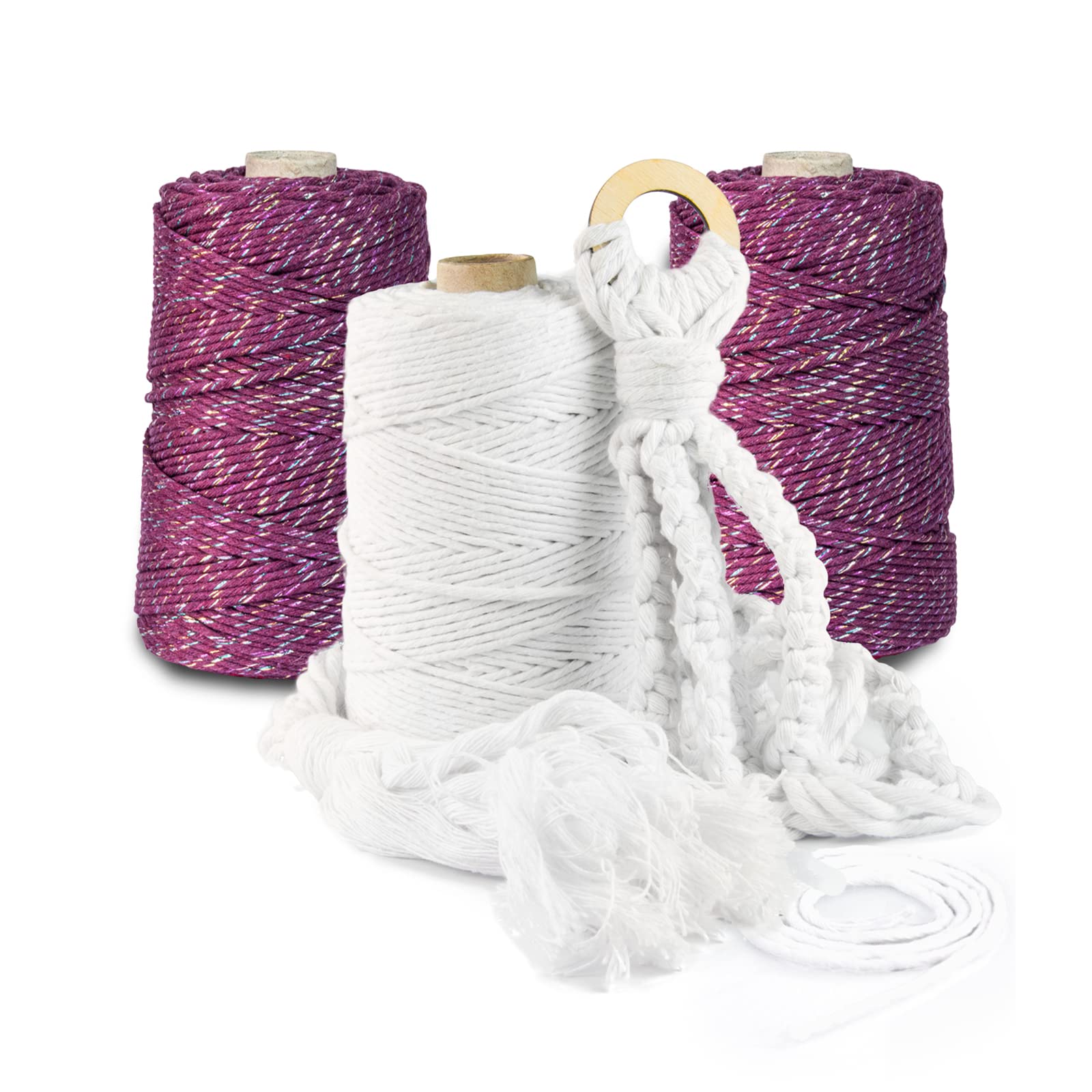 Hilo de macramé prémium, 800 m, 3 mm, color rosa oscuro con hilo multicolor, 100 % algodón, cordón natural, hilo de algodón, decoración para manualidades