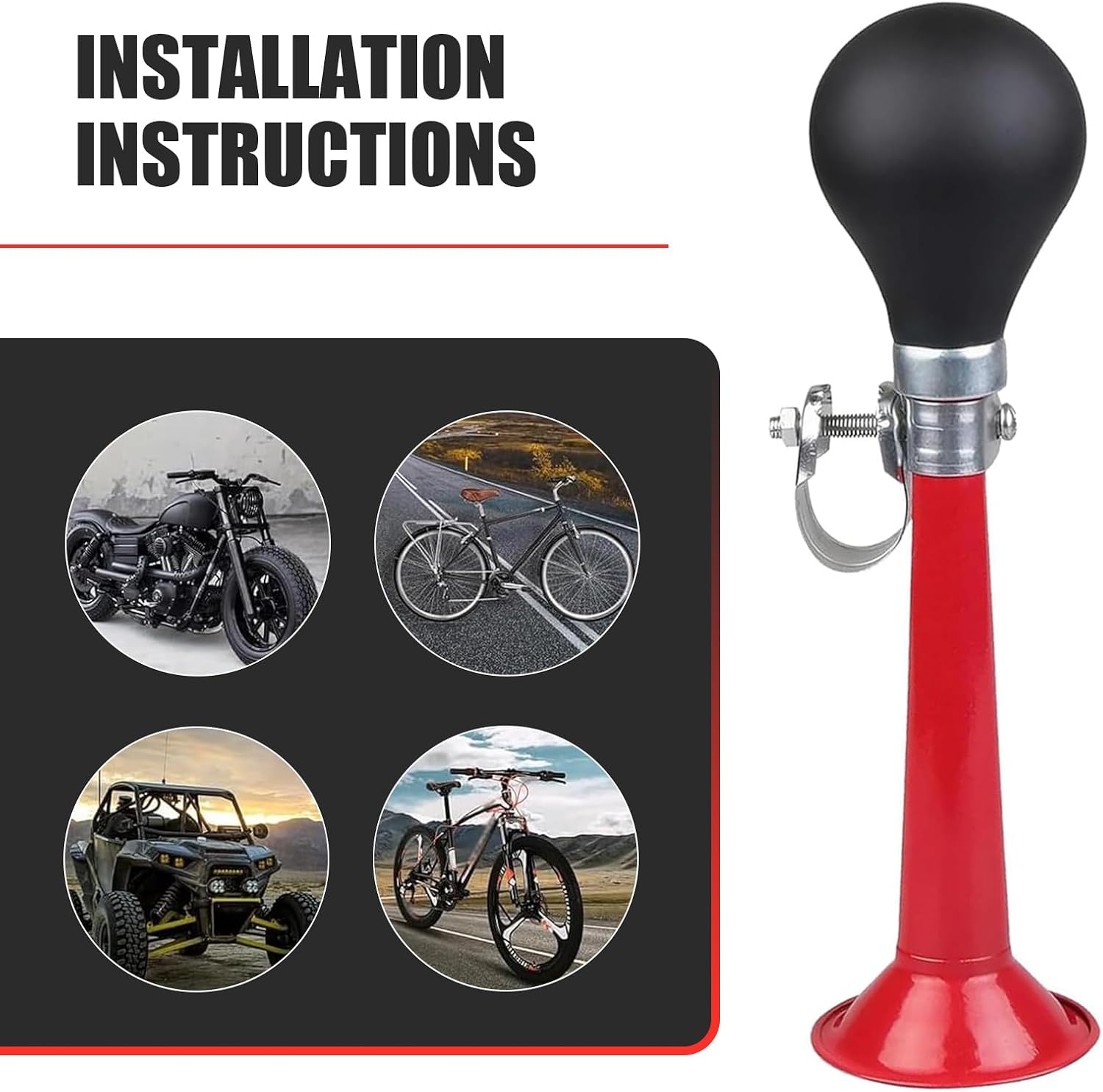 Bike Air Horn, Chrome-Plated Metal Clown Horn, Classic Retro Loudspeaker with Rubber Squeeze, Universal for Most Bicycles Handle Bar (Red)