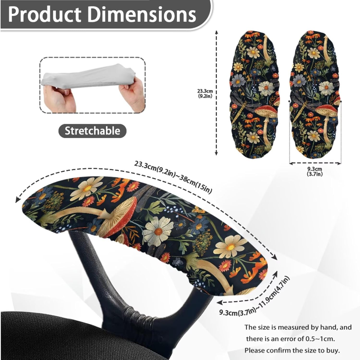 Mushroom Floral Print Office Chair Cover Set, Removable Office Chair Cover with Armrest Covers Stretchable, Elastic Desk Chairs Seat Protector, L