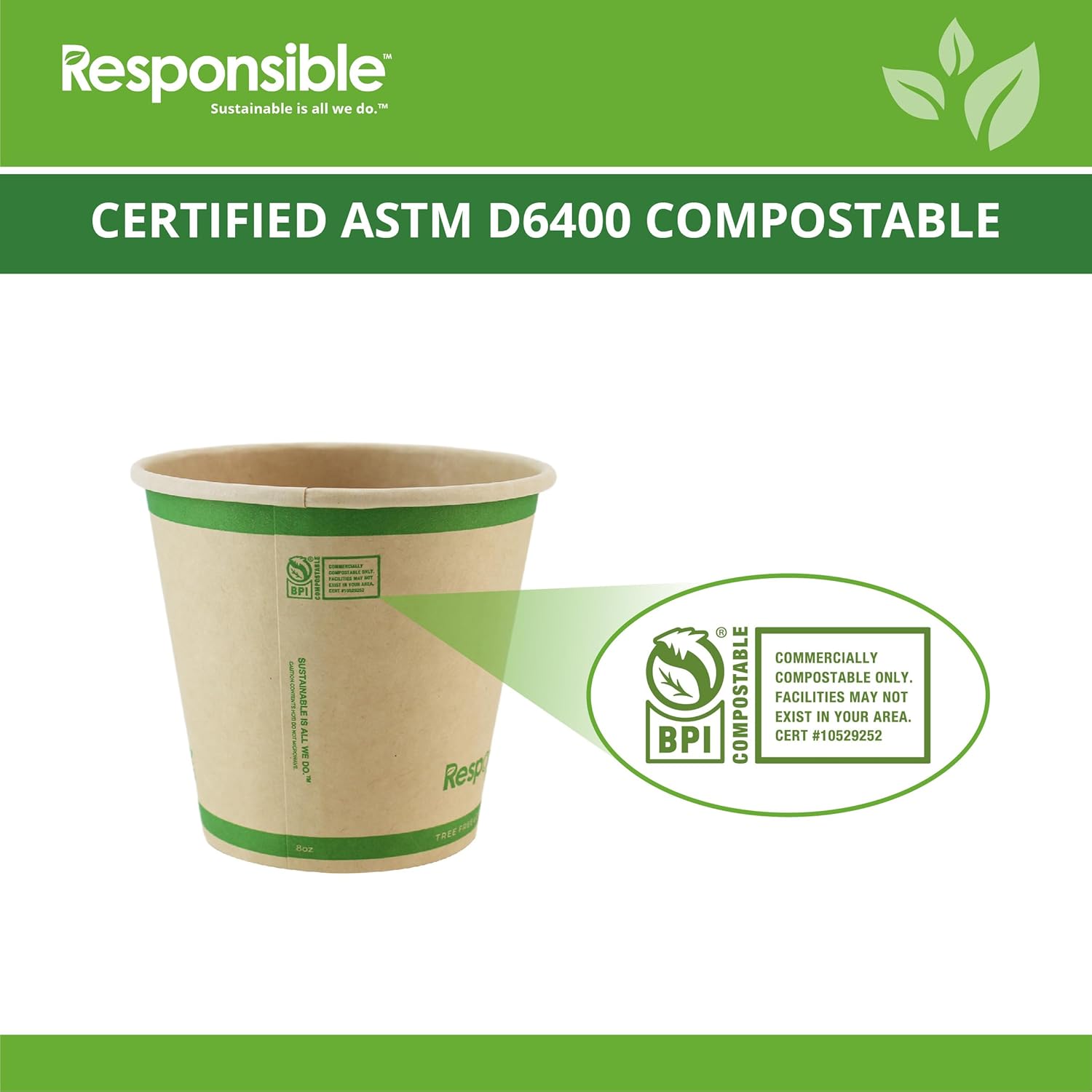 Responsible Products Certified Compostable 8 oz Paper Cups, Cold & Hot Coffee Cups, Disposable Paper Cups, Extra Strength Disposable Cups, Made without PFAS (50 count) - Image 3