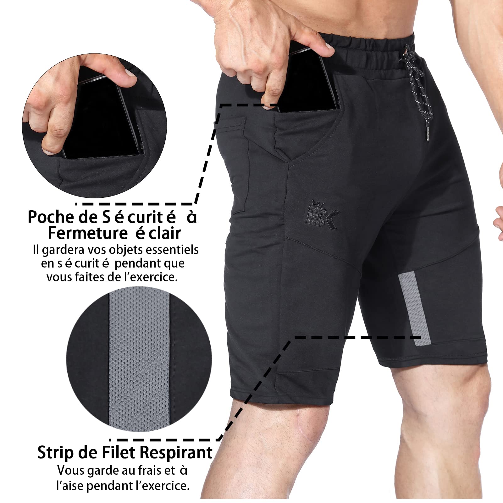 BROKIG Pantaloncini sportivi da uomo in cotone slim con tasche con zip