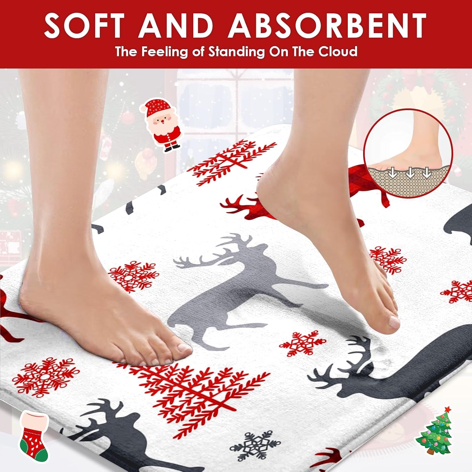 ArtSocket Christmas Bathroom Set with Shower Curtain and Rugs and Accessories Deer Tree Snowflakes Animal Shower Curtains for Bathroom Decor 4 Pcs