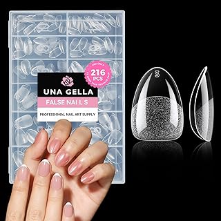 UNA GELLA Kurze Mandel Nageltips für Gelnägel, 216 Stück 12 Größen Nageltips Kurz Press on Nails Soft Gel Full Cover Tips für DIY Nageldesign zu Hause oder im Salon
