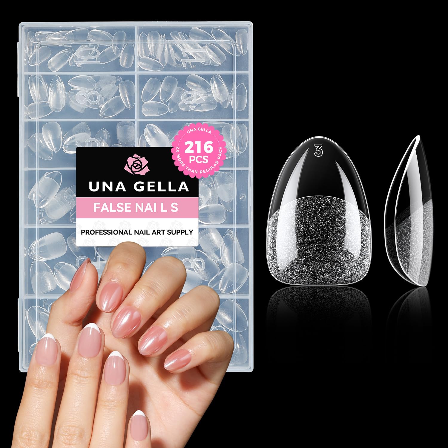 UNA GELLA Kurze Mandel Nageltips für Gelnägel, 216 Stück 12 Größen Nageltips Kurz Press on Nails Soft Gel Full Cover Tips für DIY Nageldesign zu Hause oder im Salon