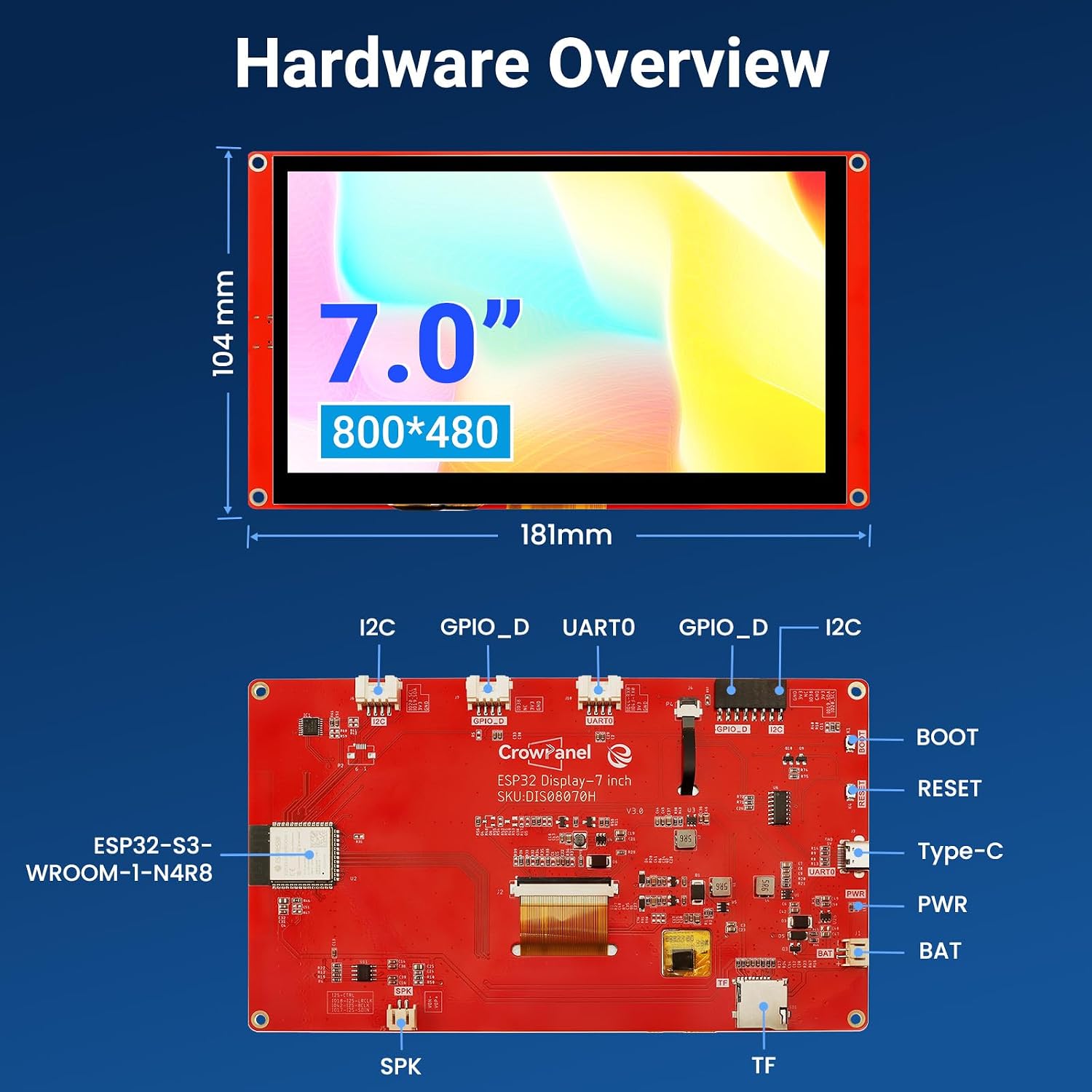 7 Inch ESP32 Touch Screen Smart Home IoT Display 800×480 | Capacitive TFT LCD with WiFi and Bluetooth, Compatible with Arduino, LVGL, PlatformIO, MicroPython