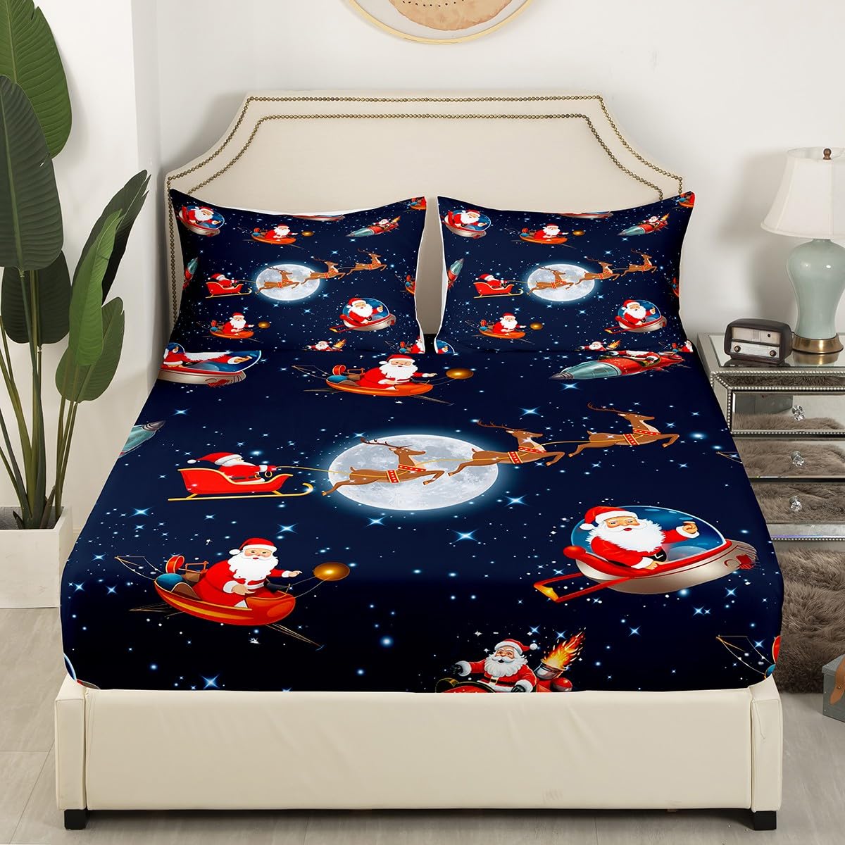 Christmas Fitted Sheet Single Size, Galaxy Santa Claus Reindeer Rocket Bed Cover with 1 Pillowcase - Image 3
