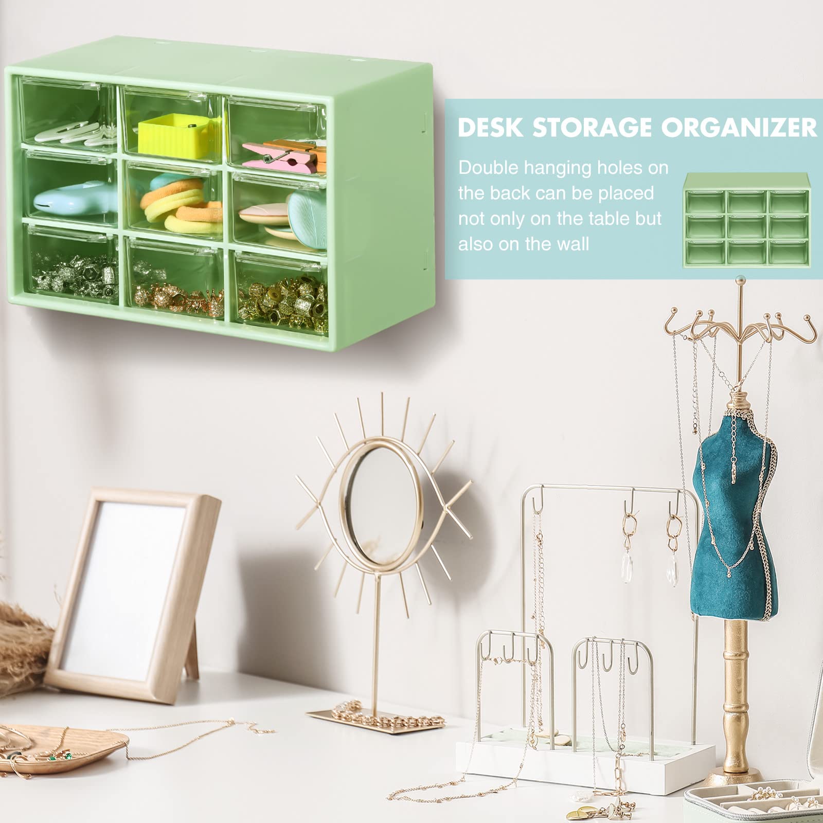 Lot de 6 mini organiseurs de tiroir avec tiroirs - Boîte de rangement en plastique avec 9 tiroirs - Organisateur de bureau pour bureau, maison, chambre, bijoux, cosmétiques, collection - Fixation
