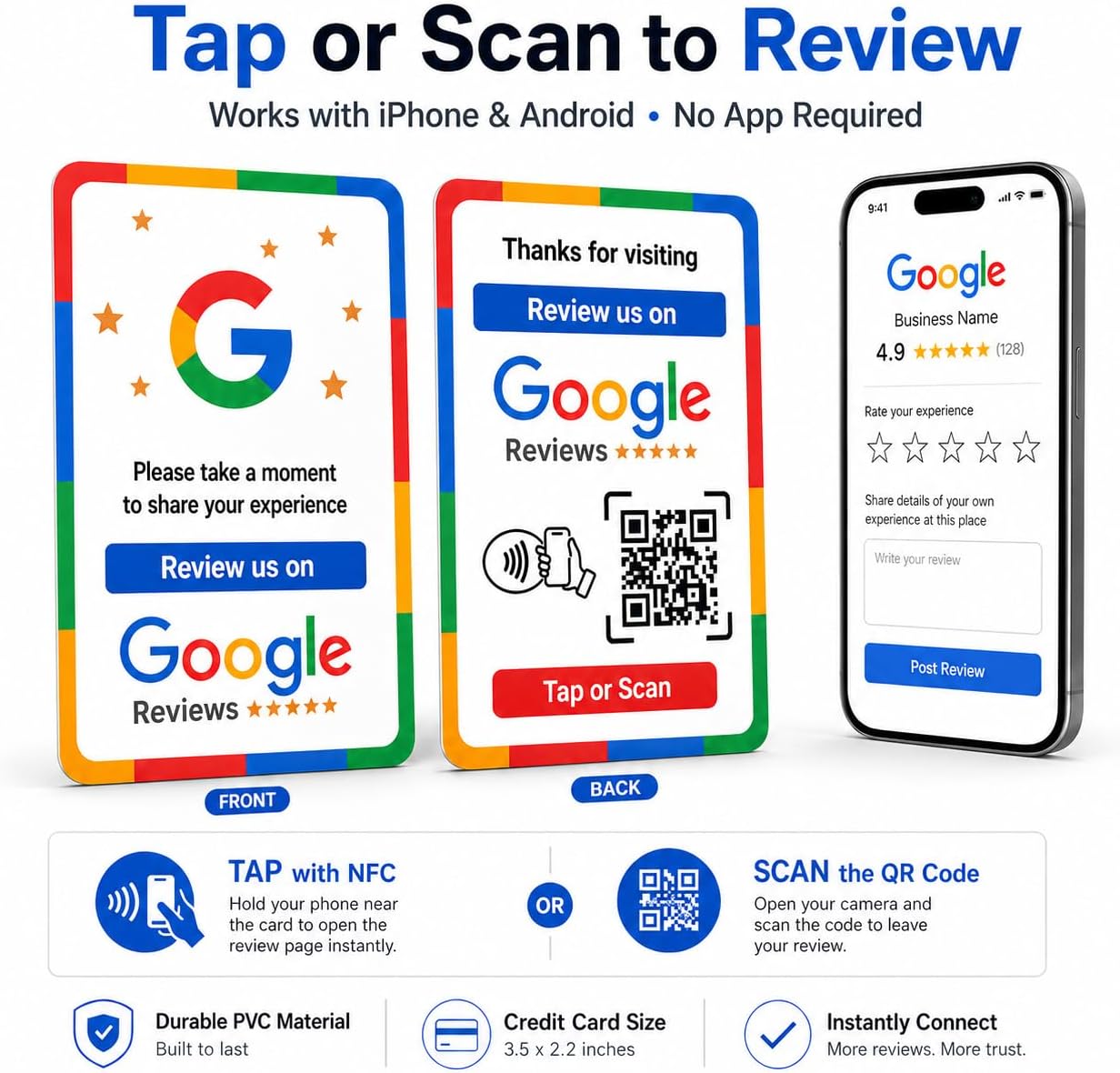 NFC Tap Google Review Card - Boost Customer Feedback with Tap & Scan QR - No App, No Subscription - Works on iPhone & Android (6 Pack)