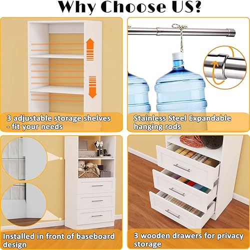 Miniatura 4 de Sistema organizador de armario con cajones, sistema de estantería de armario de madera, pequeño vestidor independiente de esquina con varillas para