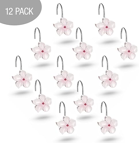 Miniatura 3 de Creative Scents Ganchos blancos para cortina de ducha  Juego de 12 ganchos de cortina de ducha con flores blancas y rosas  Anillos decorativos para