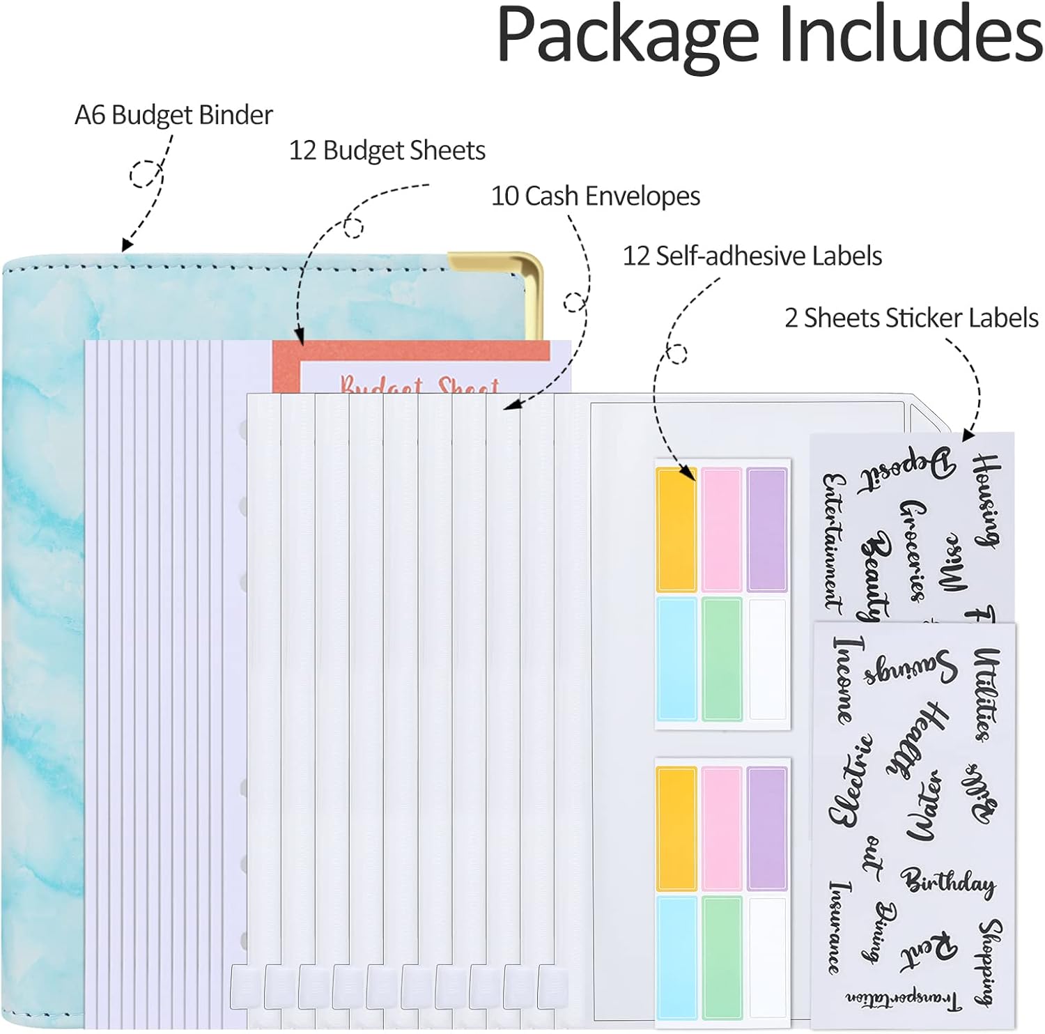 NJNRR A6 PU Leather Budget Binder, Money Organizer for Cash with 10Pcs Cash Envelopes, 12Pcs Expense Budget Sheets, 29 Categories Letter Label Stickers and 12Pcs Blank Label Stickers