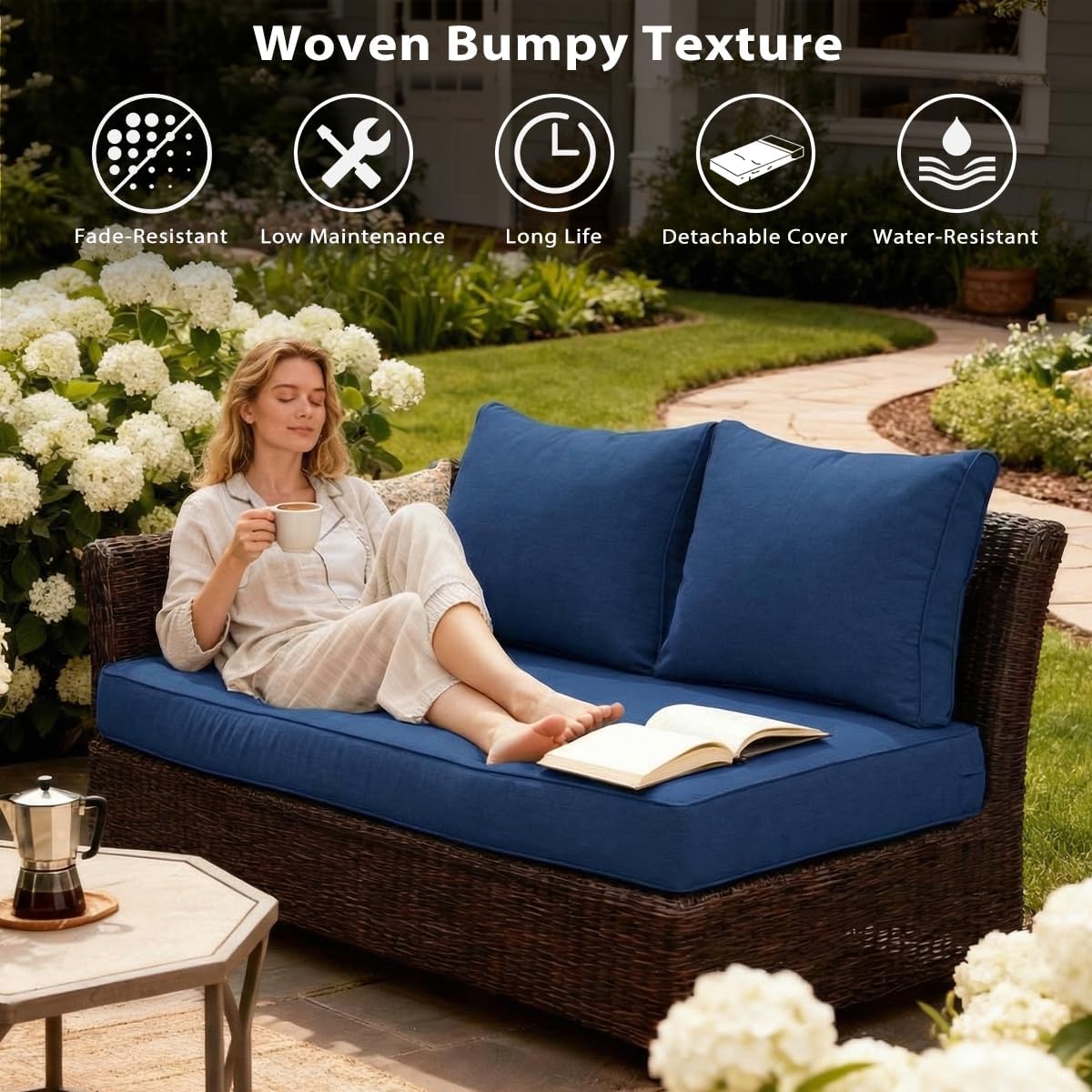 Sundale Outdoor Olefin Loveseat Cushion Set with Pillow, 46x26x6 Inch, Waterproof and Fade Resistant Patio Cushions with Straps for Sofa, Dark Blue