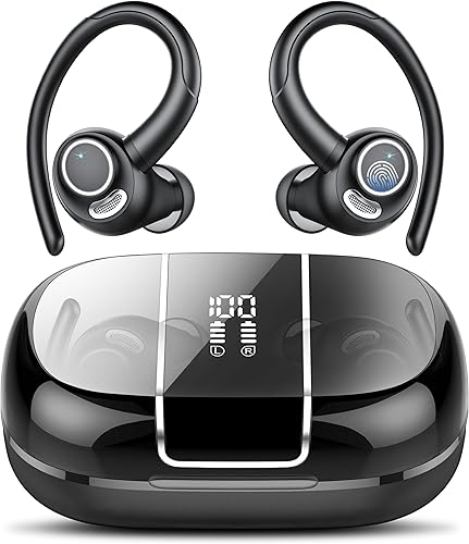 Wireless Earbuds Bluetooth 5.3 Headphones Sports, 48H Over Ear Buds with ENC Mic, Stereo Deep Bass Bluetooth Earbuds with Secure Earhooks, LED