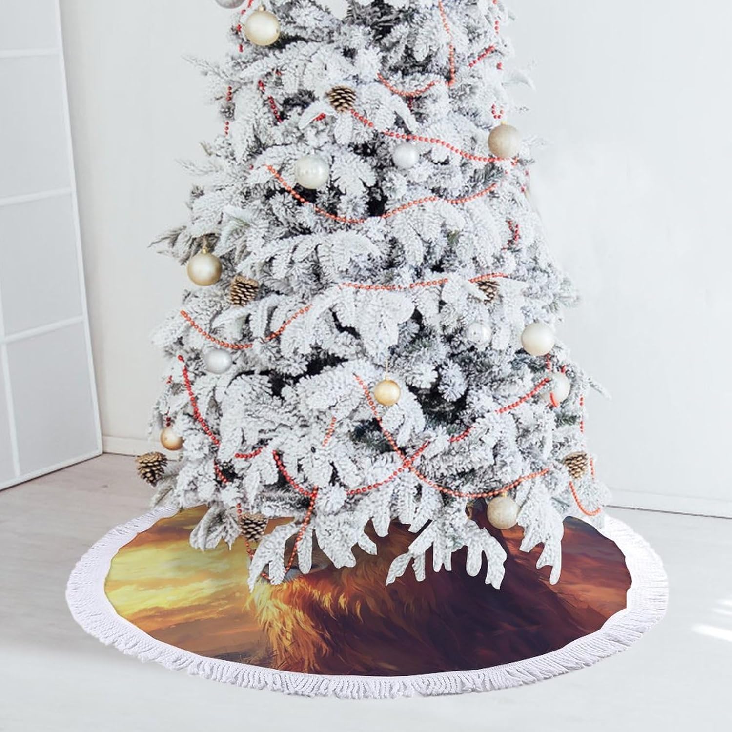 Christian Lion of Judah Ea-gle Christmas Tree Skirt Round Xmas Tree Mat Ornaments Tree Skirts with Tassels for Holiday Party