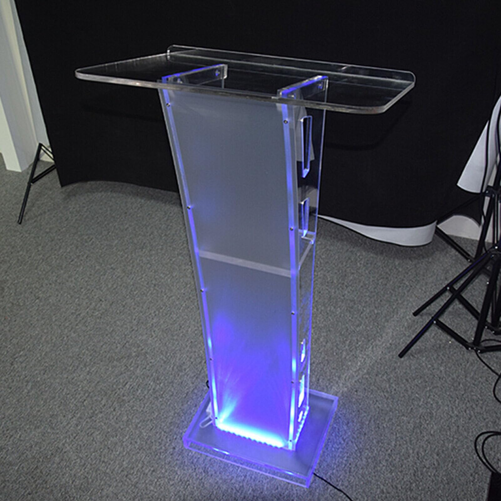 Podio acrílico con luces LED y estante de almacenamiento para conferencias 60x40x110cm
