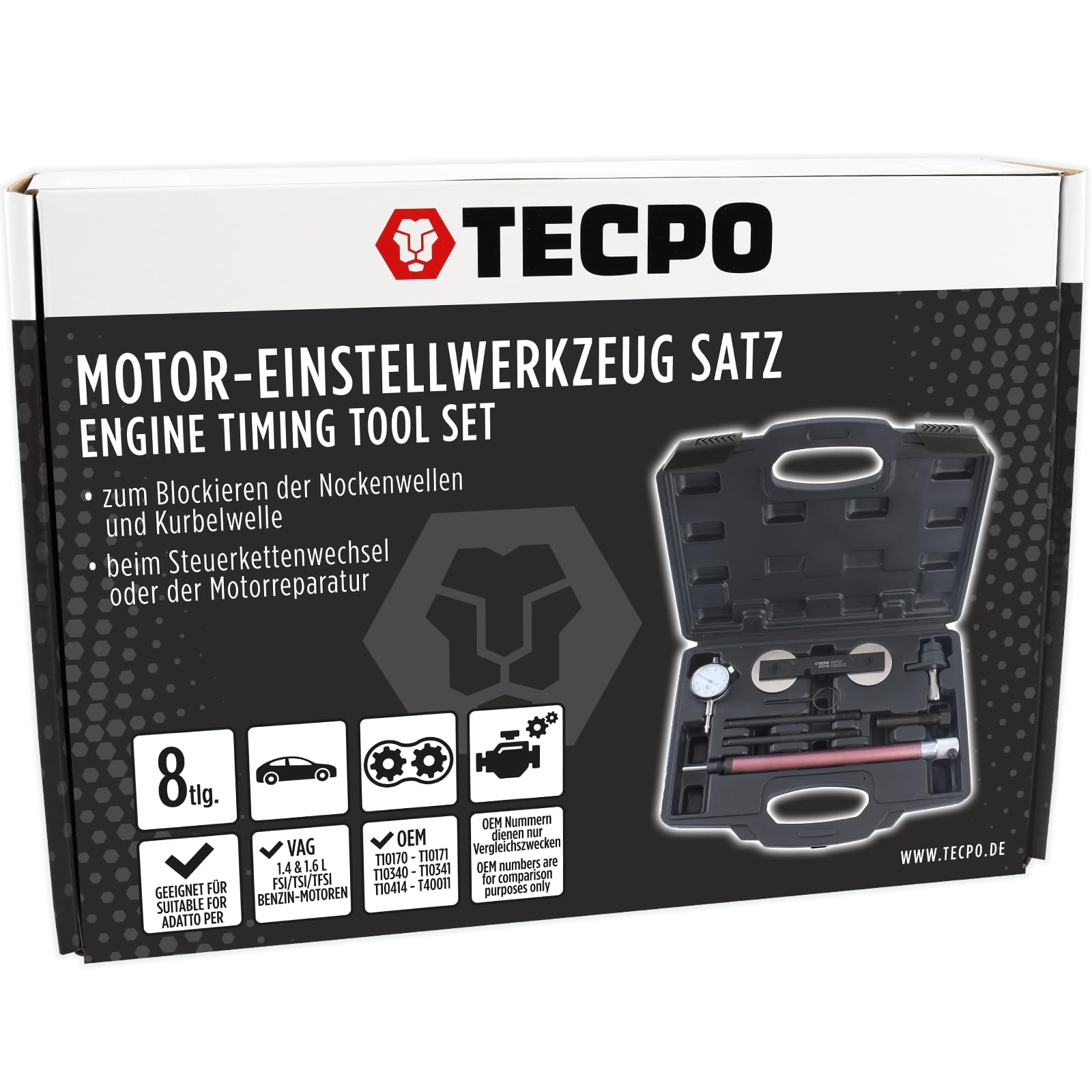 TECPO Set di attrezzi di regolazione del motore, VAG 1.2 1.4 1.6 FSI TSI TFSI, adatto per Audi, VW, Seat, Skoda, albero a camme, con misuratore, OEM T10171 T10340 T10414, cambio catena di controllo