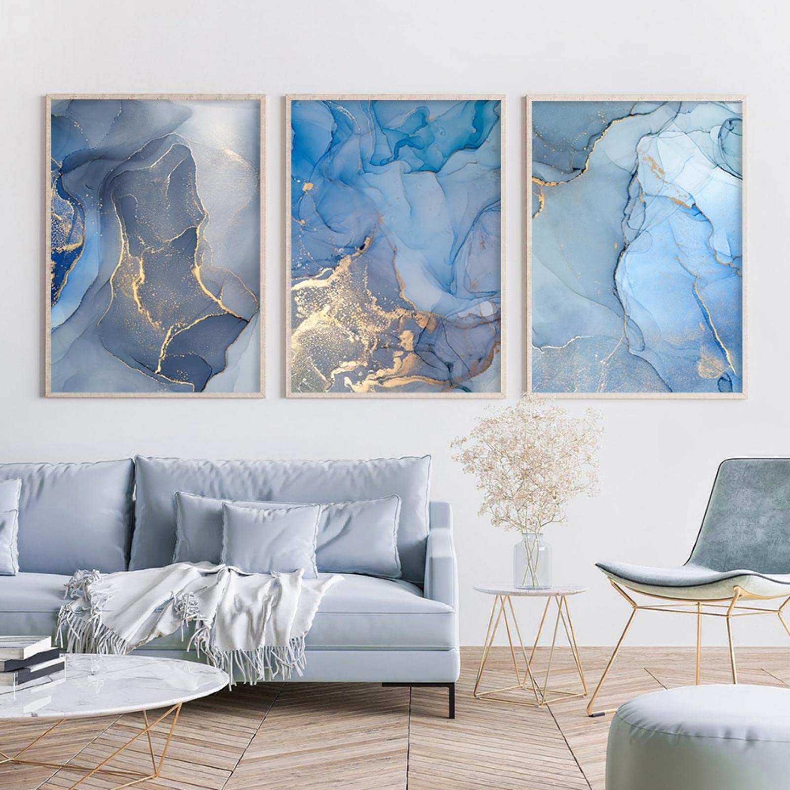 Peinture Toile Marbre Bleu Or Abstrait Moderne Salon 70x100cm - 8