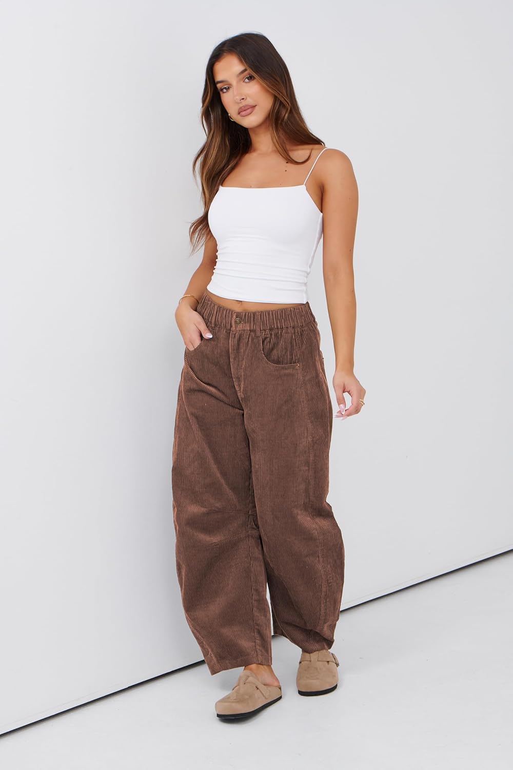 Lviefent Womens Mid Rise Cord Barrel Jeans Casual Baggy Wide Leg Corduroy Cropped Ankle Pants with Pockets - Image 8