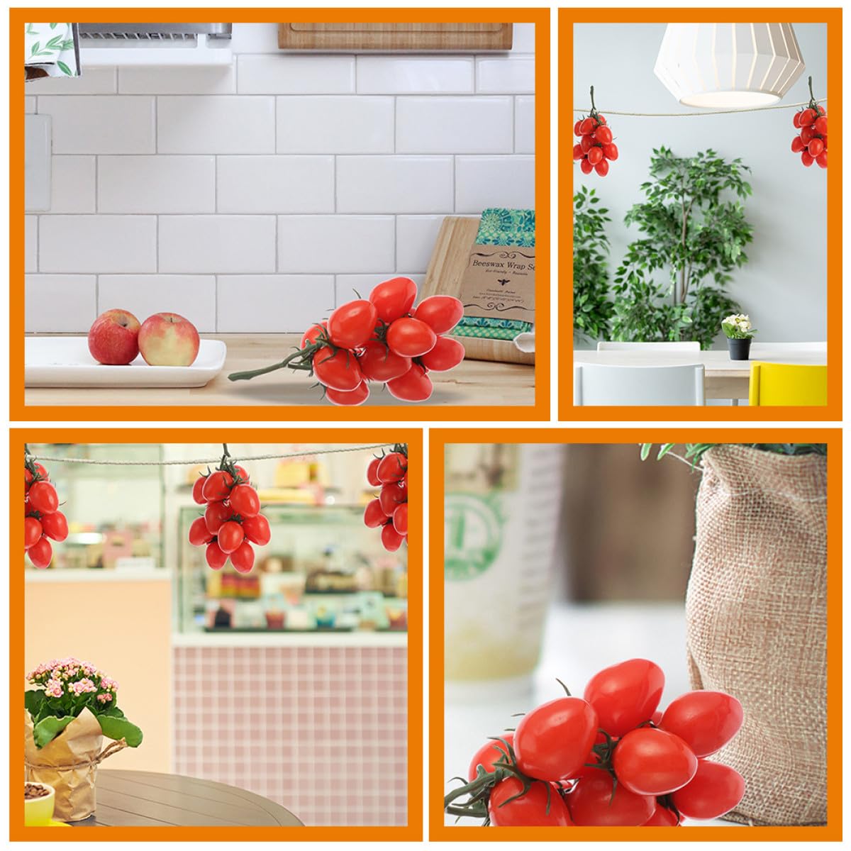 Pomodorini Finti Realistici 2 Pezzi, Grappoli di Pomodorini di Plastica Rossi Supporto, Decorazioni per Feste e Arredamento Casa, Frutta Artificiale Leggera e Riutilizzabile