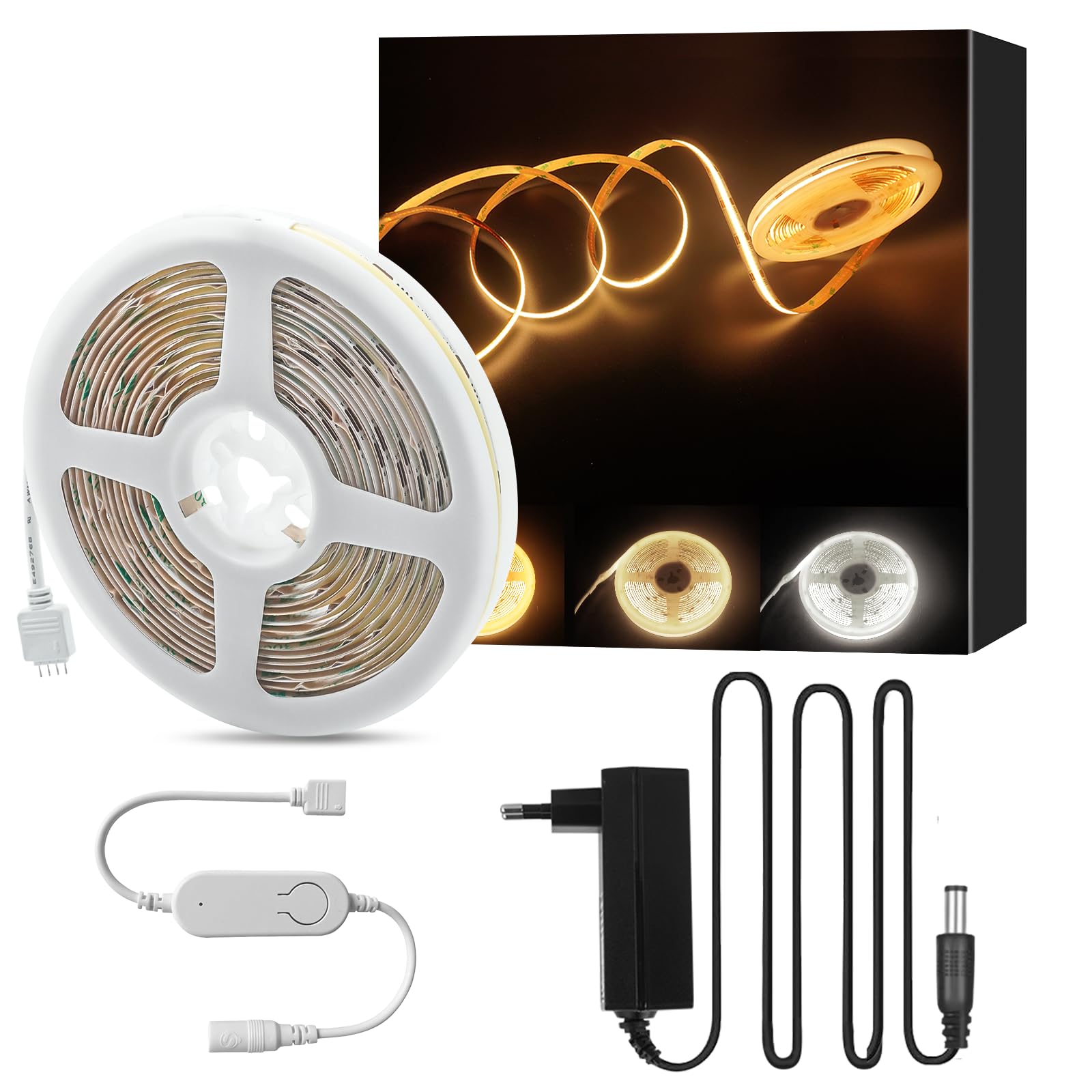 COB LED Strisce bianche sintonizzabili CCT, 5m dimmerabile 2700K-6500K Luci a nastro Kit con Alimentatore y Controllore Tuya, Dimmerabile Luci a Nastro LED per Cucina, Soggiorno, Feste, Bar