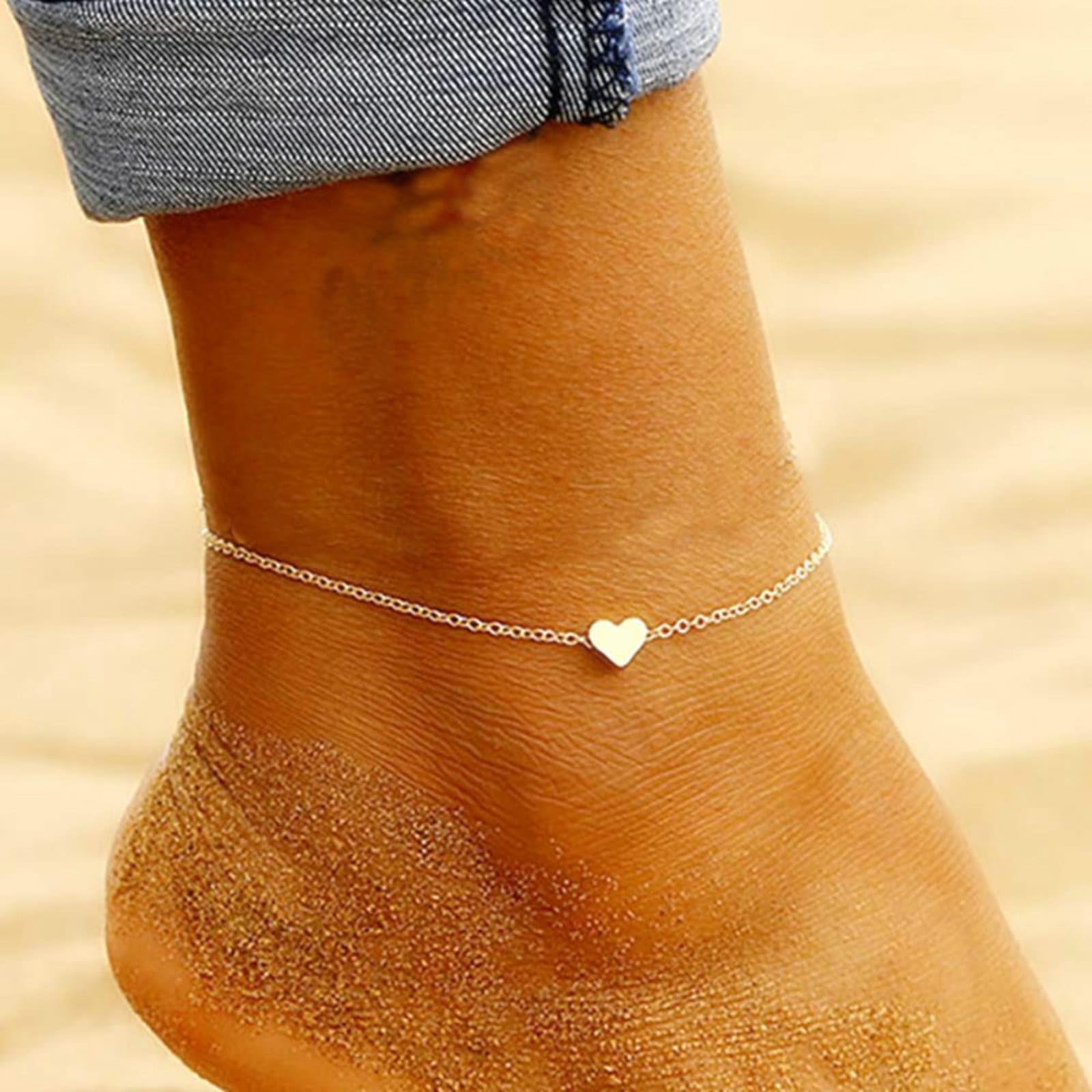 Cavigliera in oro bianco 9K 375 a piedi nudi, Au375 oro cuore spiaggia cavigliera estiva spiaggia sandali piedi nudi per mamma e ragazza