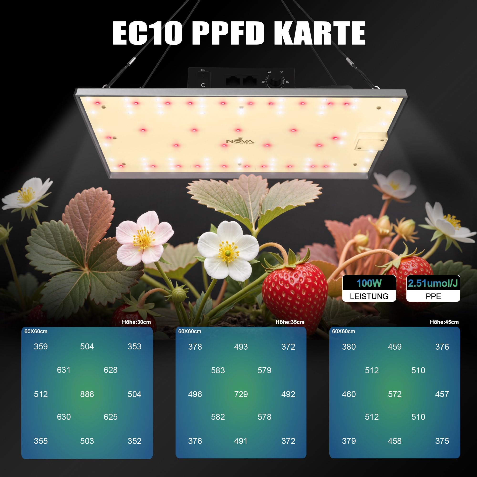 NovaGrove Lampa LED do uprawy roślin, pełne spektrum, 100 W, lampa do uprawy roślin, 60 x 60 cm, z możliwością ściemniania i łańcuchem stokrotki, EC10