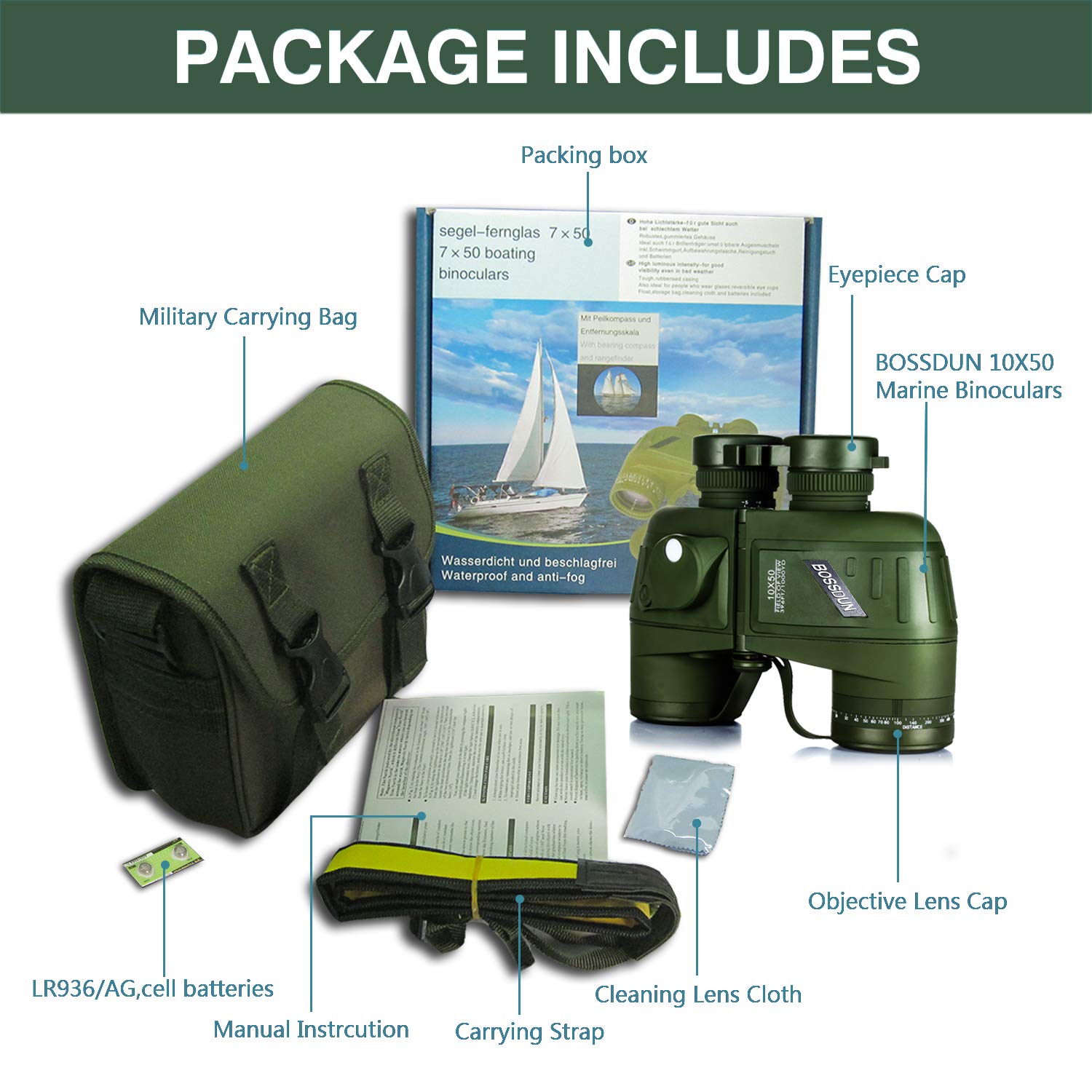 Binocolo Marino Mlitare Antiappannante Impermeabile 10x50, con Telemetro Interno e Bussola Obiettivo FMC con Prisma BAK4 per Navigazione, Canottaggio, Pesca,Sport Acquatici, Caccia