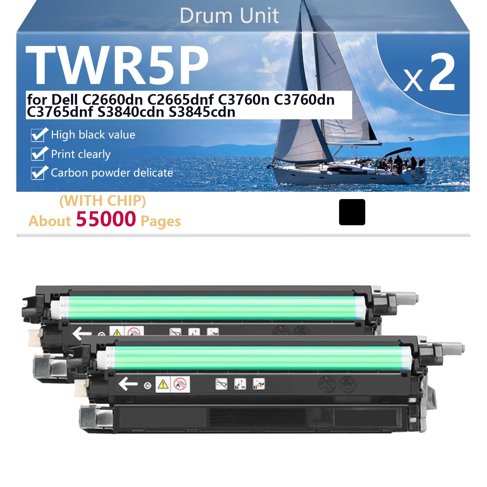 TWR5P 331-8434 59J78 Unità Tamburo di Ricambio con Chip per Dell C2660dn C2665dnf C3760n C3760dn C3765dnf S3840cdn S3845cdn Stampanti【Elevato Volume di Stampa】,Black-2 pack