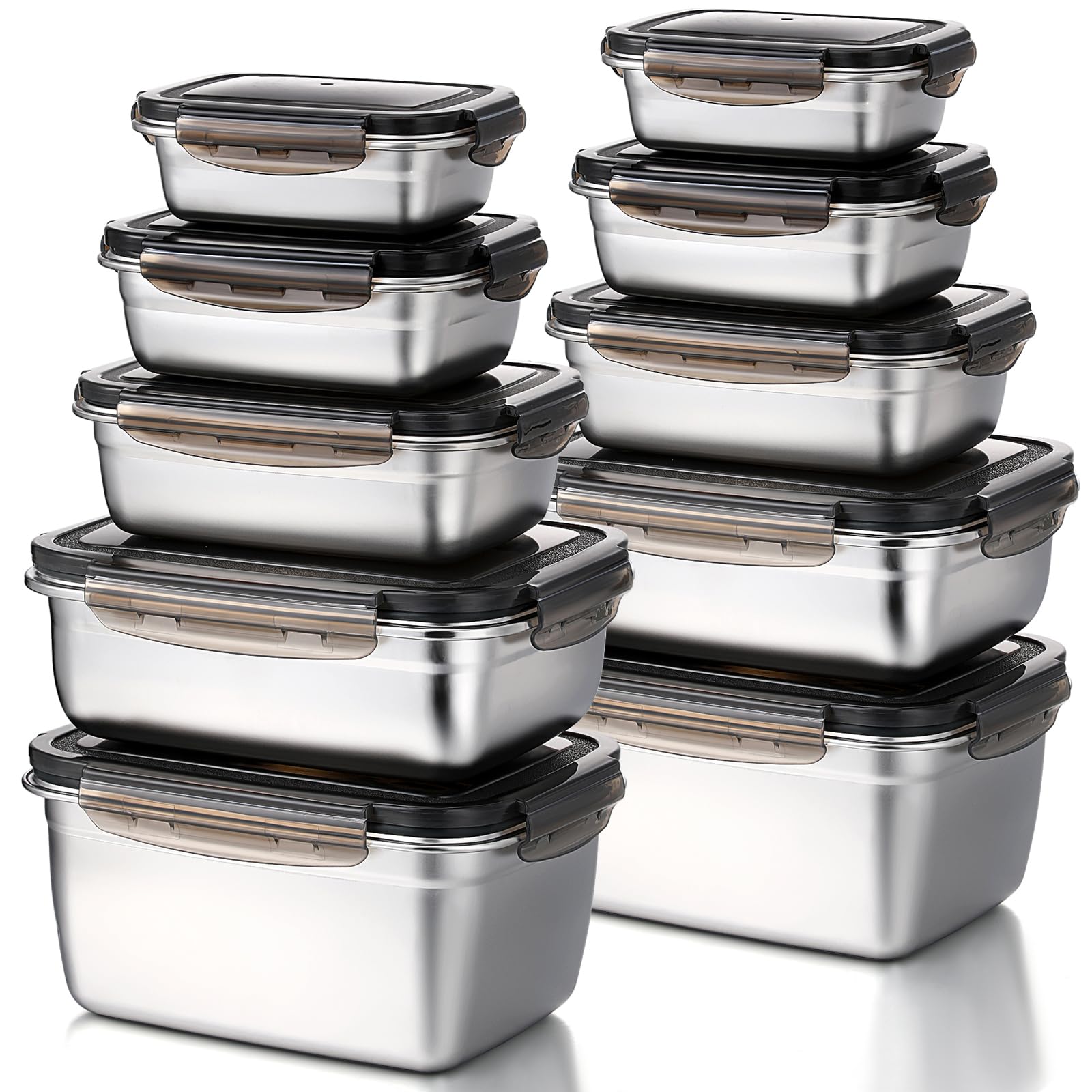 10 Set Stainless Steel Food Storage Containers with Lids Metal Meal Prep Rectangular Containers Bulk Bento Lunch Box Leak Proof Airtight Lids for Adults Dishwasher Microwave Refrigerator Safe