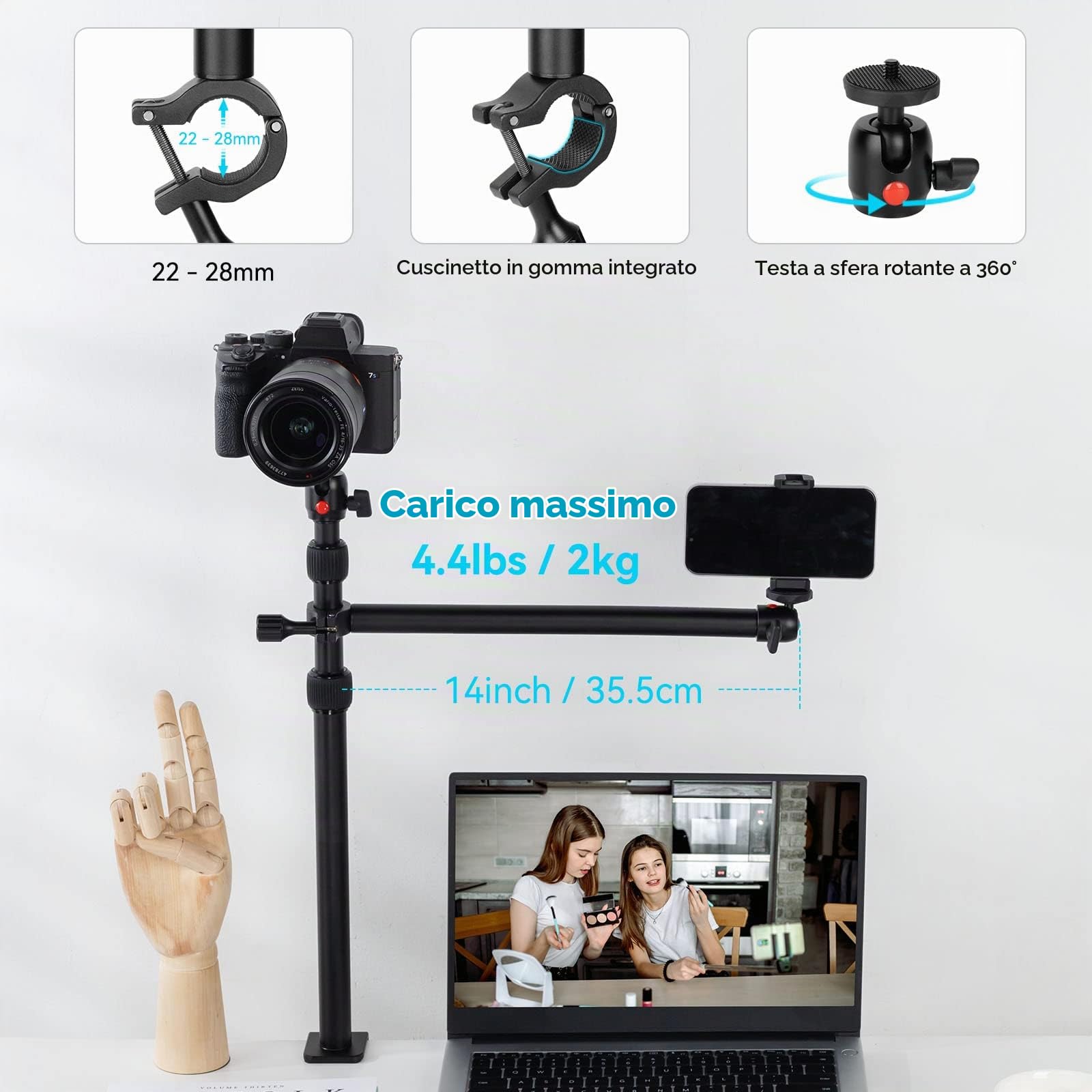 SMALLRIG Camera Desk Mount, Supporto da Tavolo con Braccio Magico, Supporto da Tavolo Regolabile per Fotocamera da 13"-35,4", Morsetto a C da Tavolo, Luce Anulare, Carico Massimo 10 kg - 3992