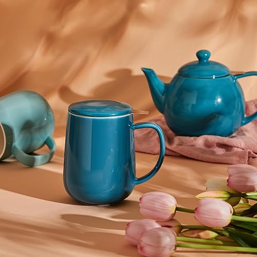 Miniatura 3 de Sweese Taza de té de porcelana con infusor y tapa, 20 onzas, azul acero, apta para microondas, reutilizable