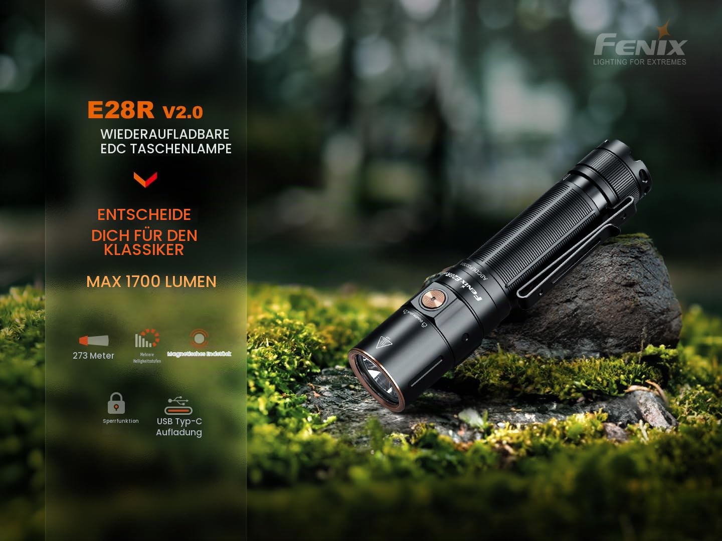 Fenix E28R V2.0 LED-Taschenlampe, wiederaufladbare kleine EDC-Taschenlampe, 1700 Lumen, 273 Meter, Stroboskopfunktion