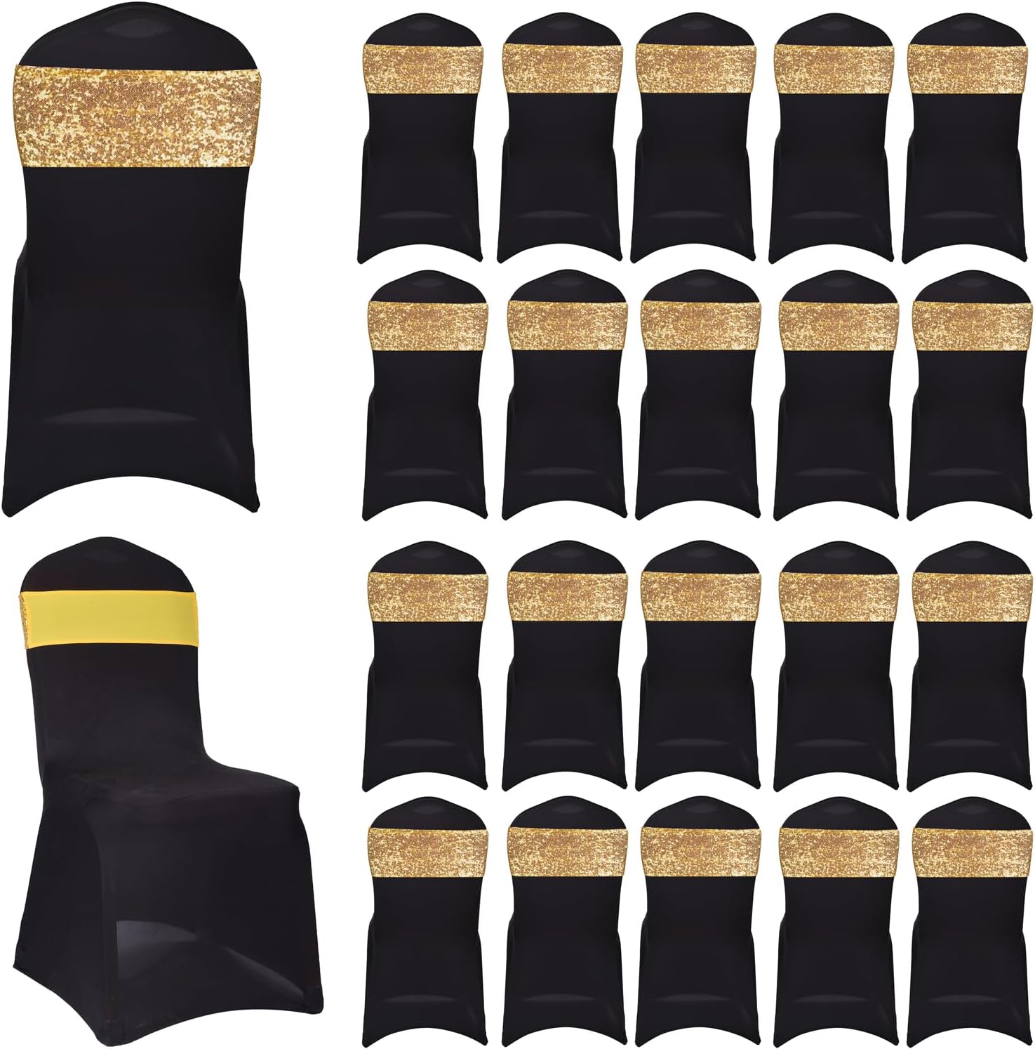 Deisy Dee Pack of 20 Spandex Sequins Shiny Bands for Folding Chair Bow Ties for Party Wedding Dining Chairs Decor (Black)