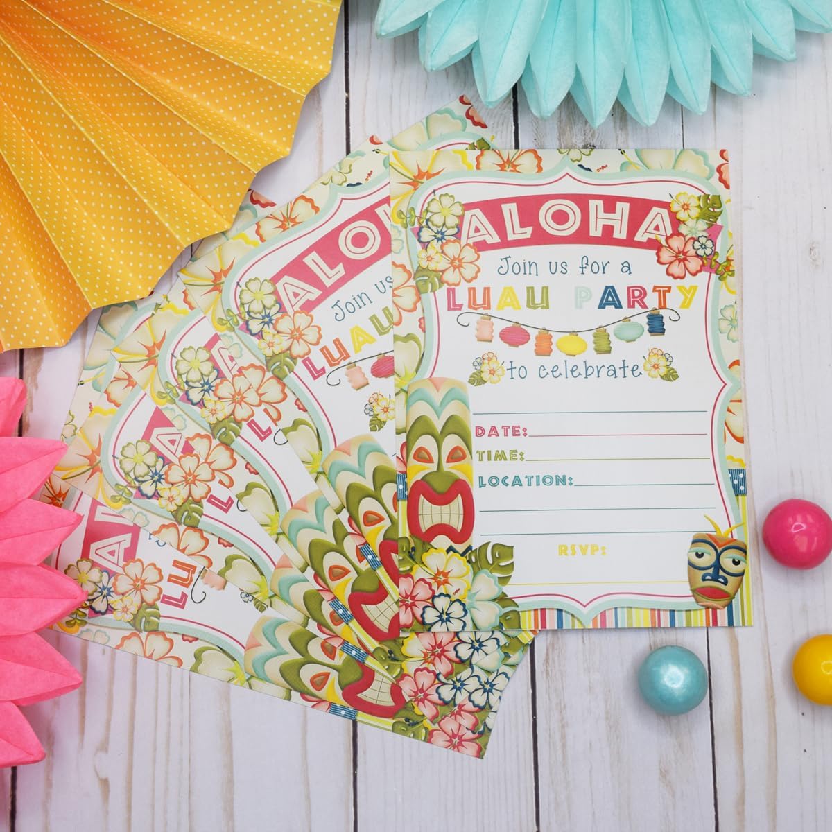 Amanda Creation Tropical Luau Birthday Party Fill in Invitations set of 20 with envelopes Perfect for Summer and Hawaiian themed parties