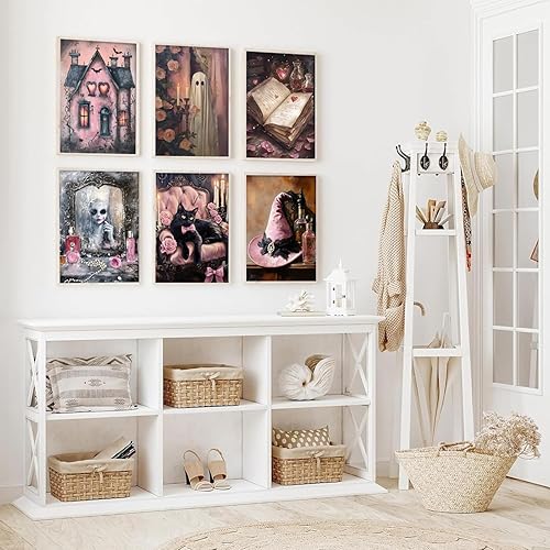 Miniatura 2 de 6 piezas de lienzos de fantasmas de Halloween, arte de pared de fantasmas rosados, gatos negros, imágenes divertidas góticas para decoración de