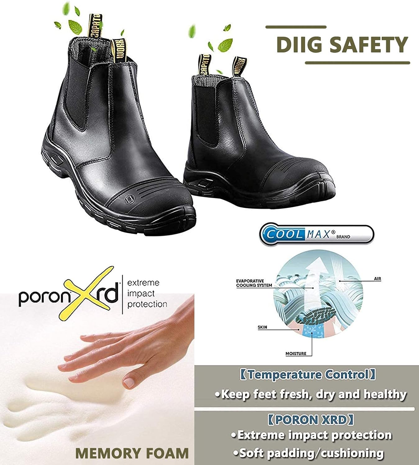 DIIG Work Boots for Men, Steel/Soft Toe Waterproof Working Boots, Slip Resistant Anti-Static Slip-on Safety Working Shoes - Image 4