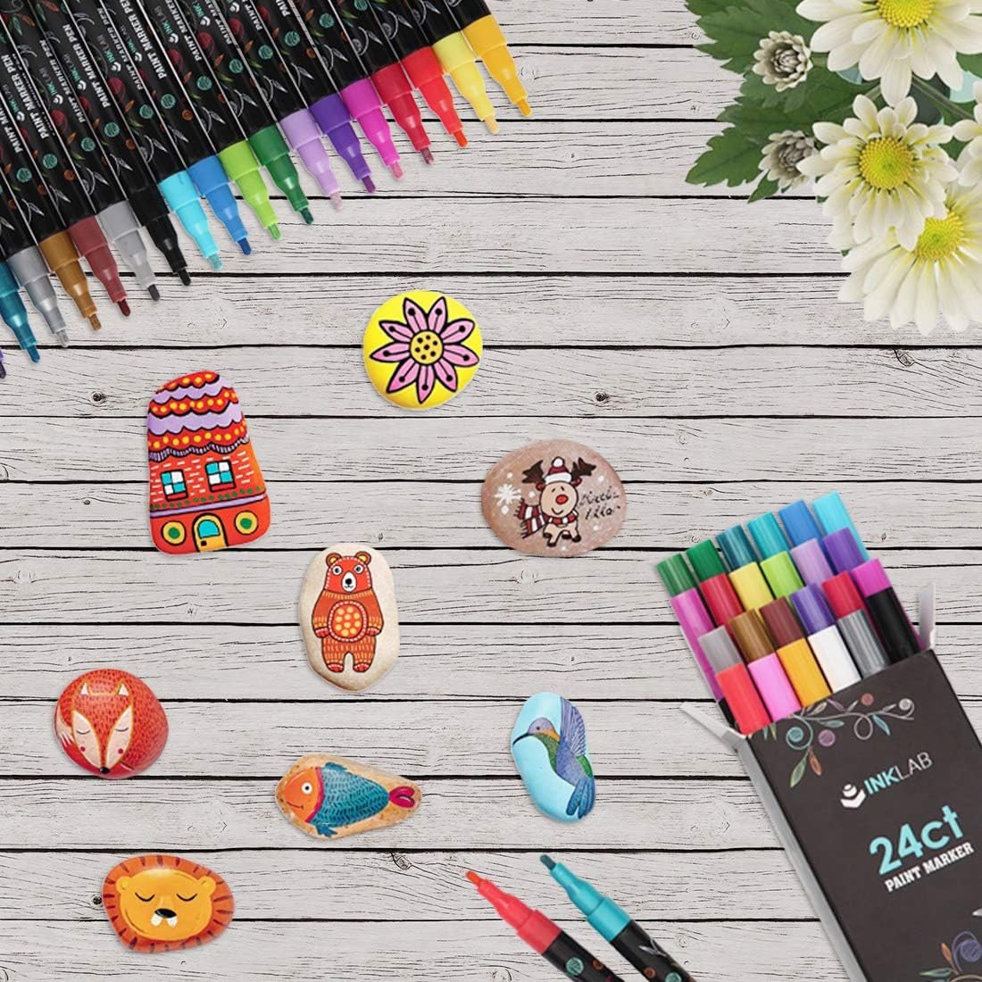 Acrylic Paint Pens 24 Colors Fabric Permanent Paint Markers Quick Dry for Rock Wood Glass Canvas Ceramic Painting, Water Based Ink : Arts, Crafts & Sewing